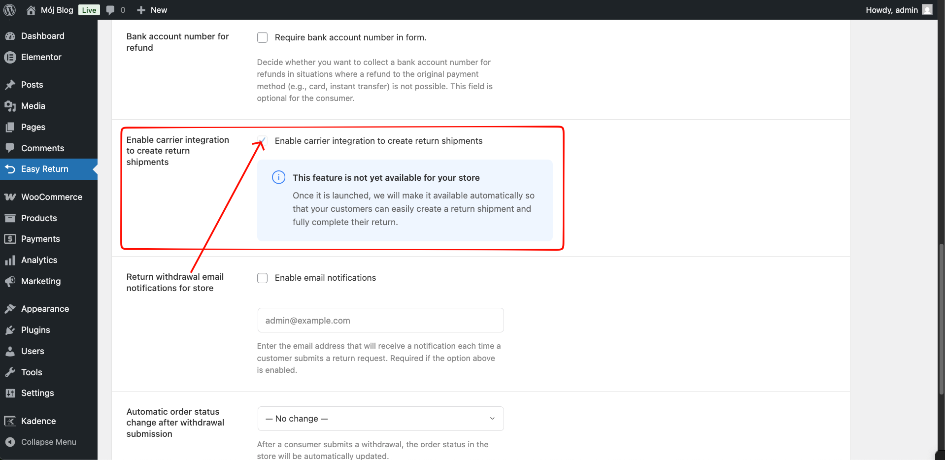 Easy Return settings - carrier integration toggle