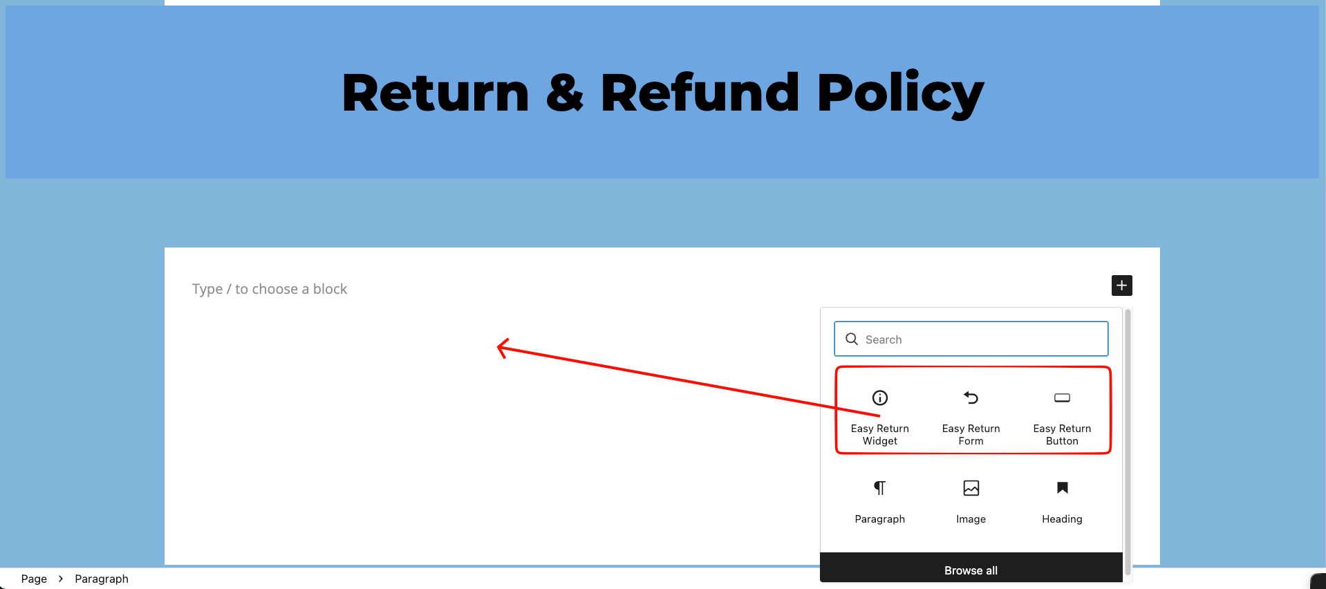 Gutenberg block picker showing Easy Return Widget, Easy Return Form and Easy Return Button