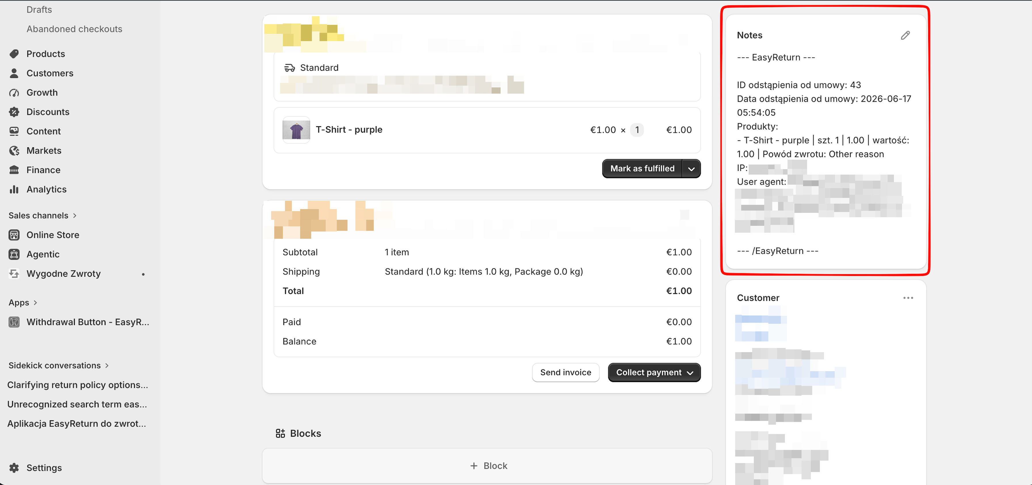 EasyReturn withdrawal details recorded in the Shopify order Notes section