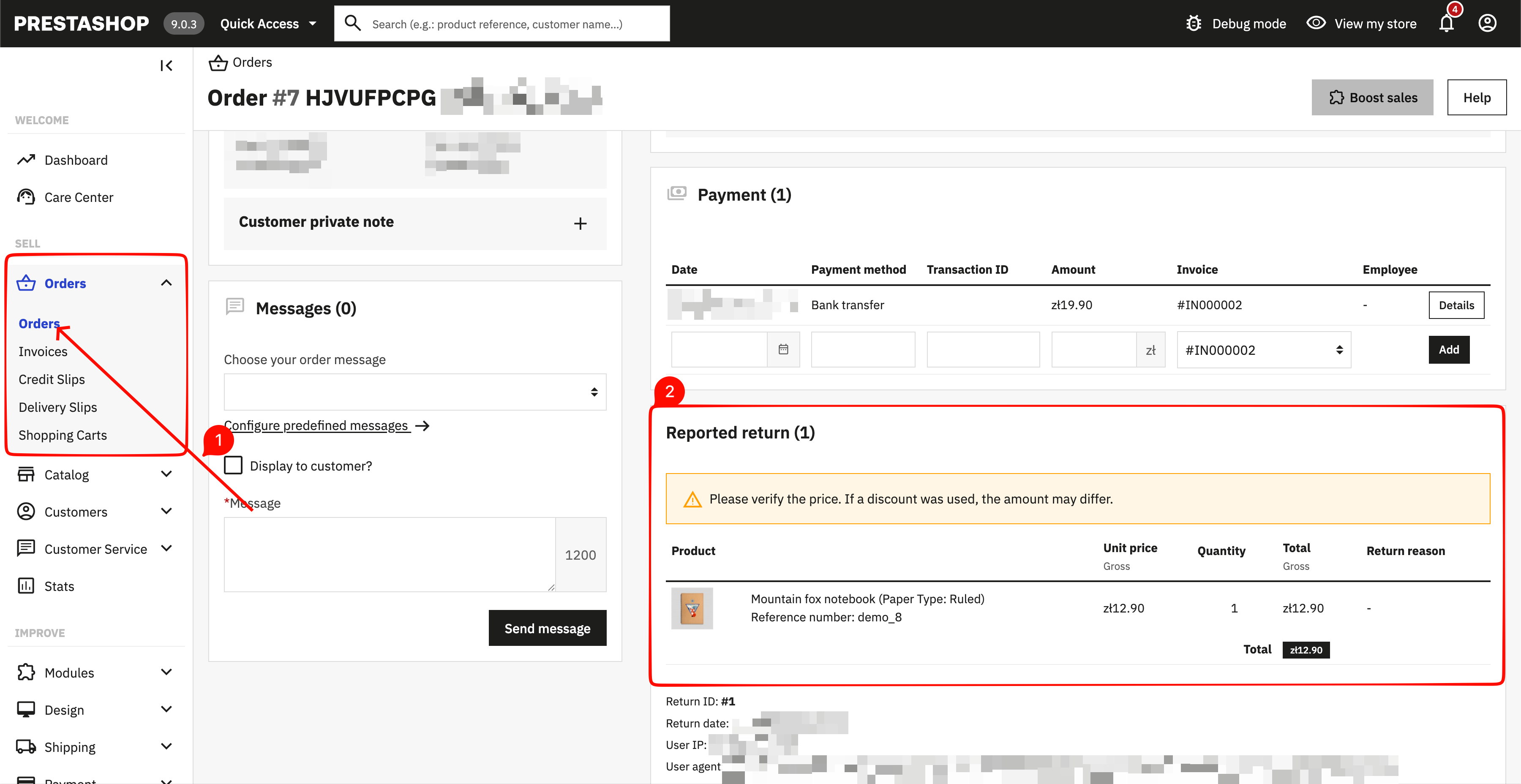 PrestaShop admin order page - Reported return section with product details