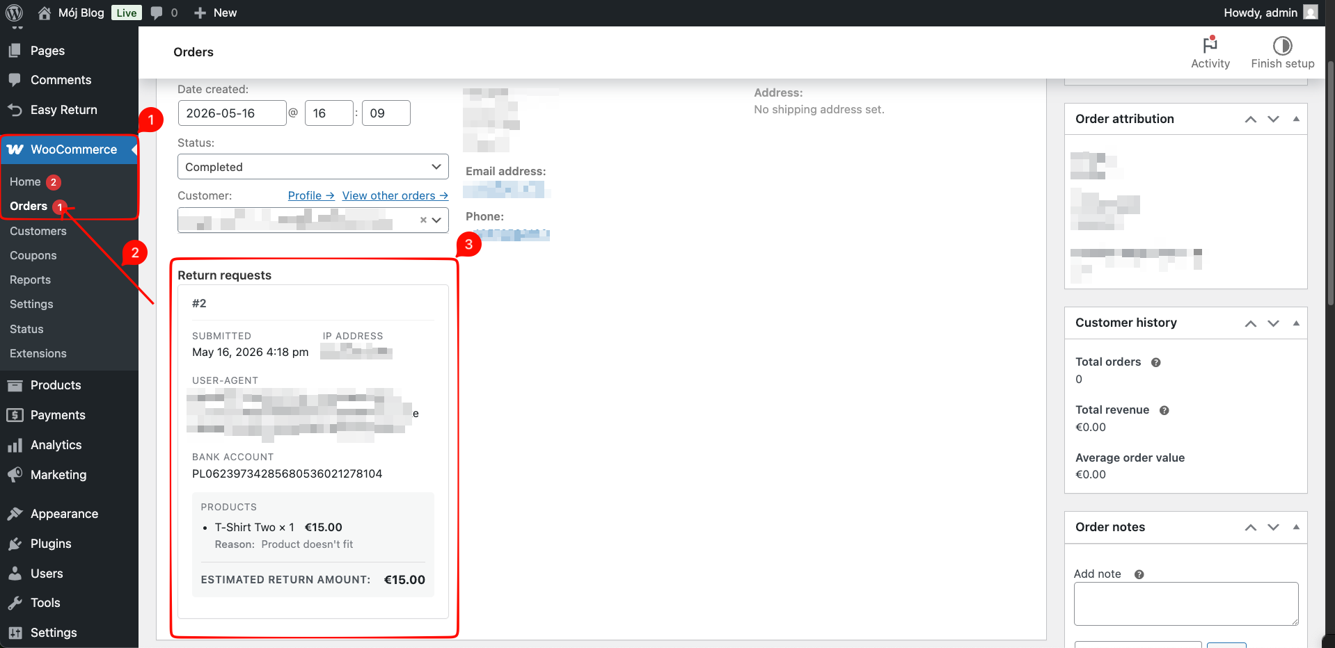 Return requests section embedded inside a WooCommerce order