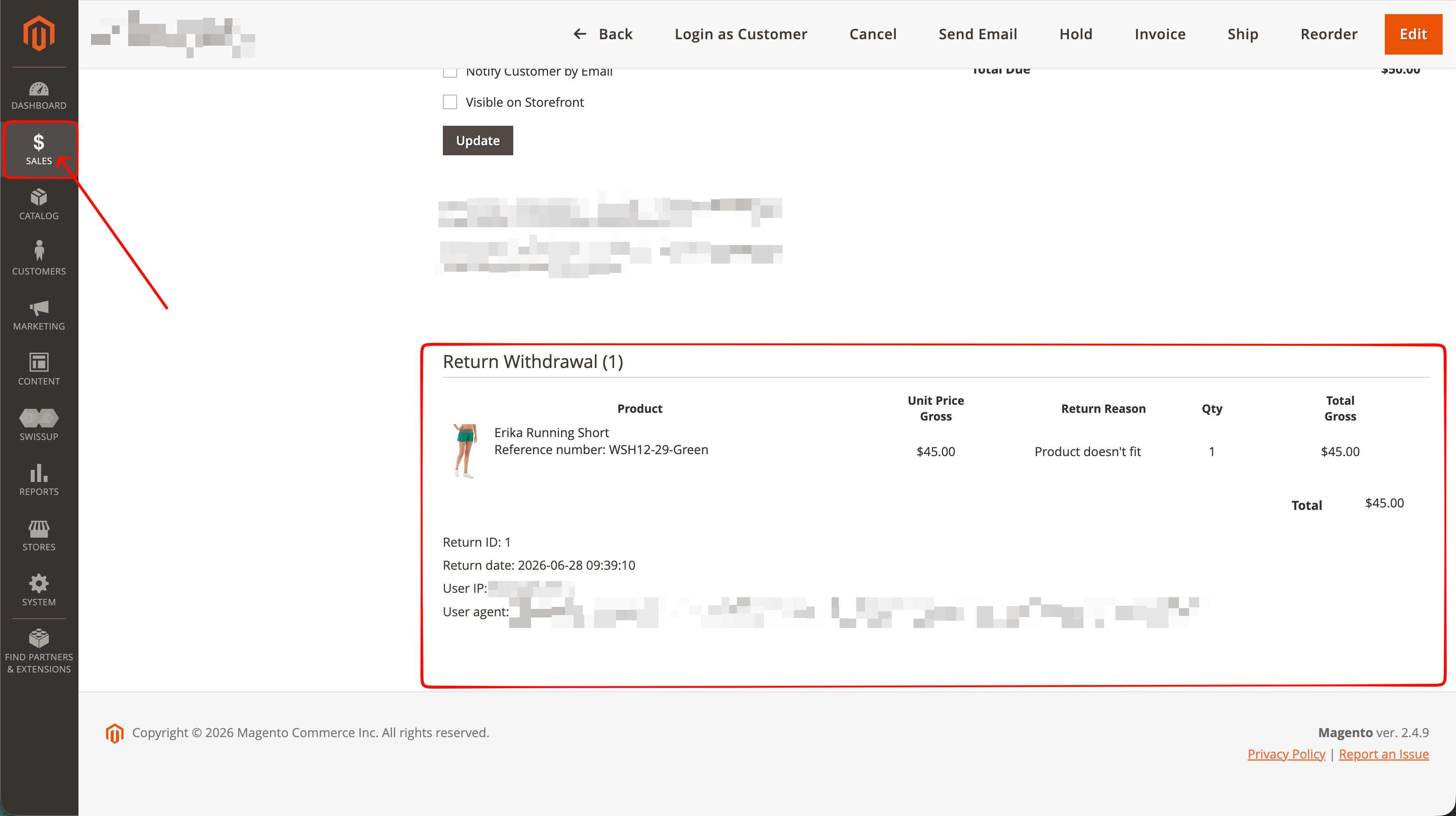 Magento admin order page - Return Withdrawal section with product and return details