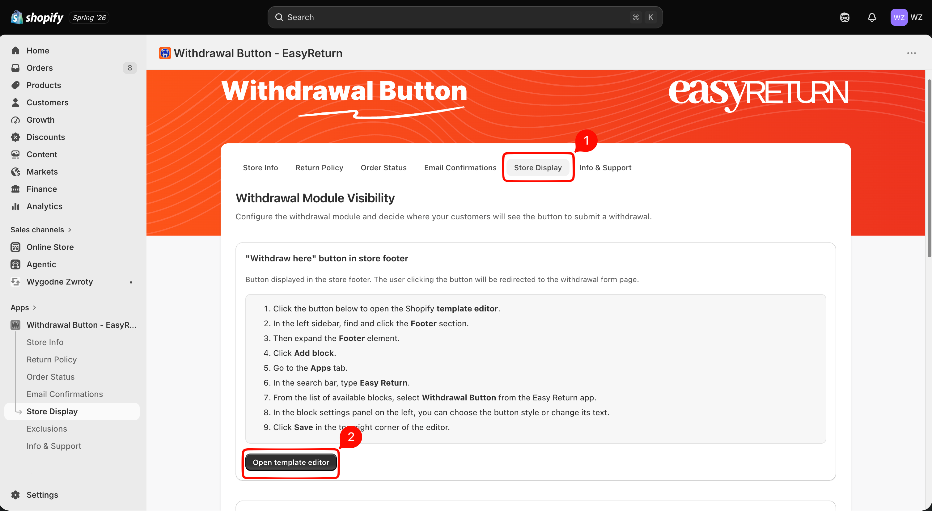 Store Display tab with Open template editor button highlighted
