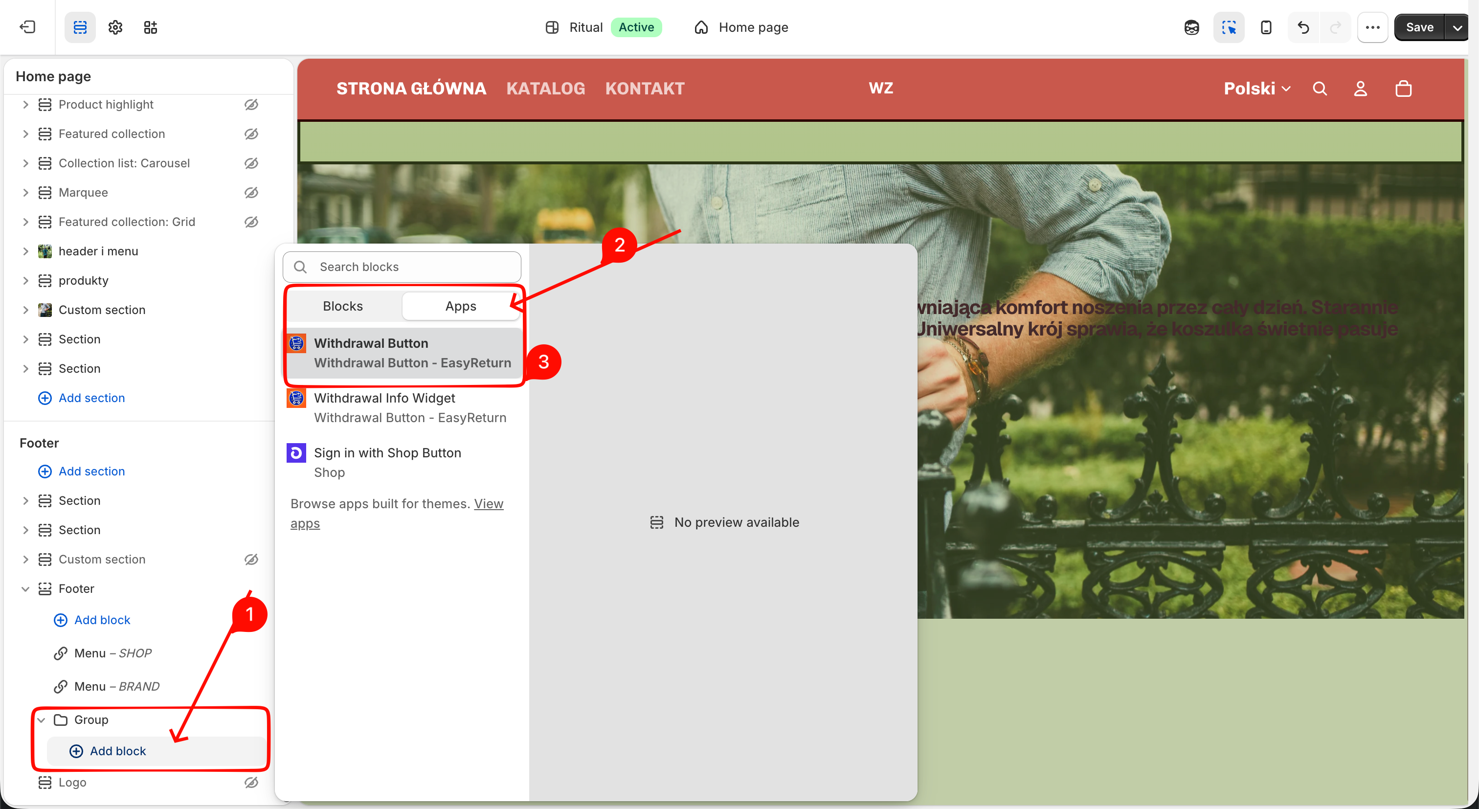Shopify theme editor - adding the Withdrawal Button app block