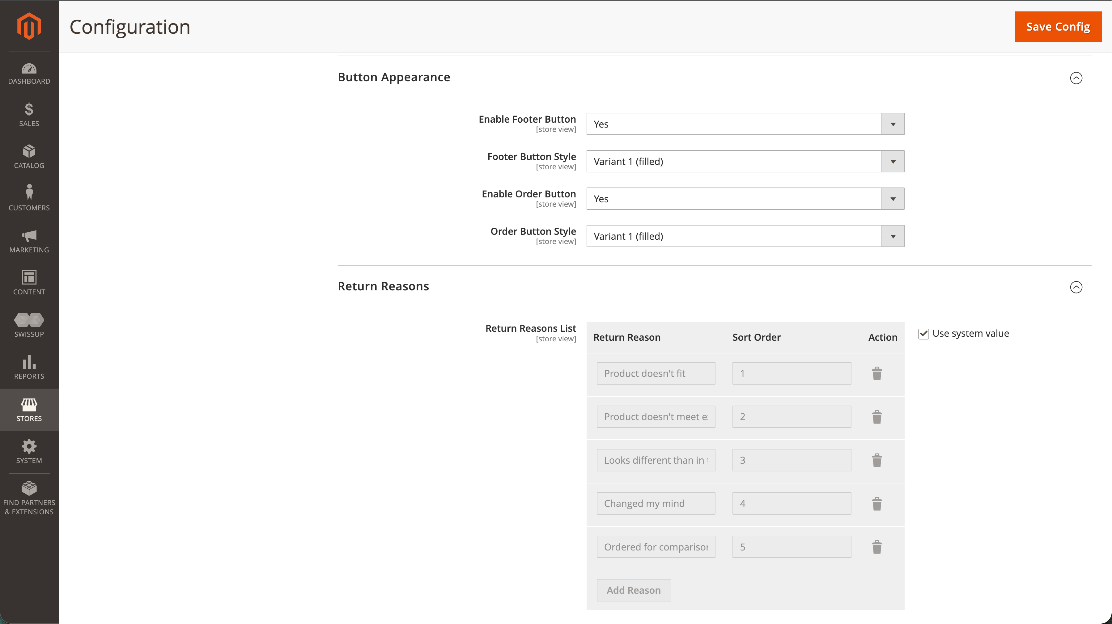EasyReturn Magento - Button Appearance and Return Reasons sections