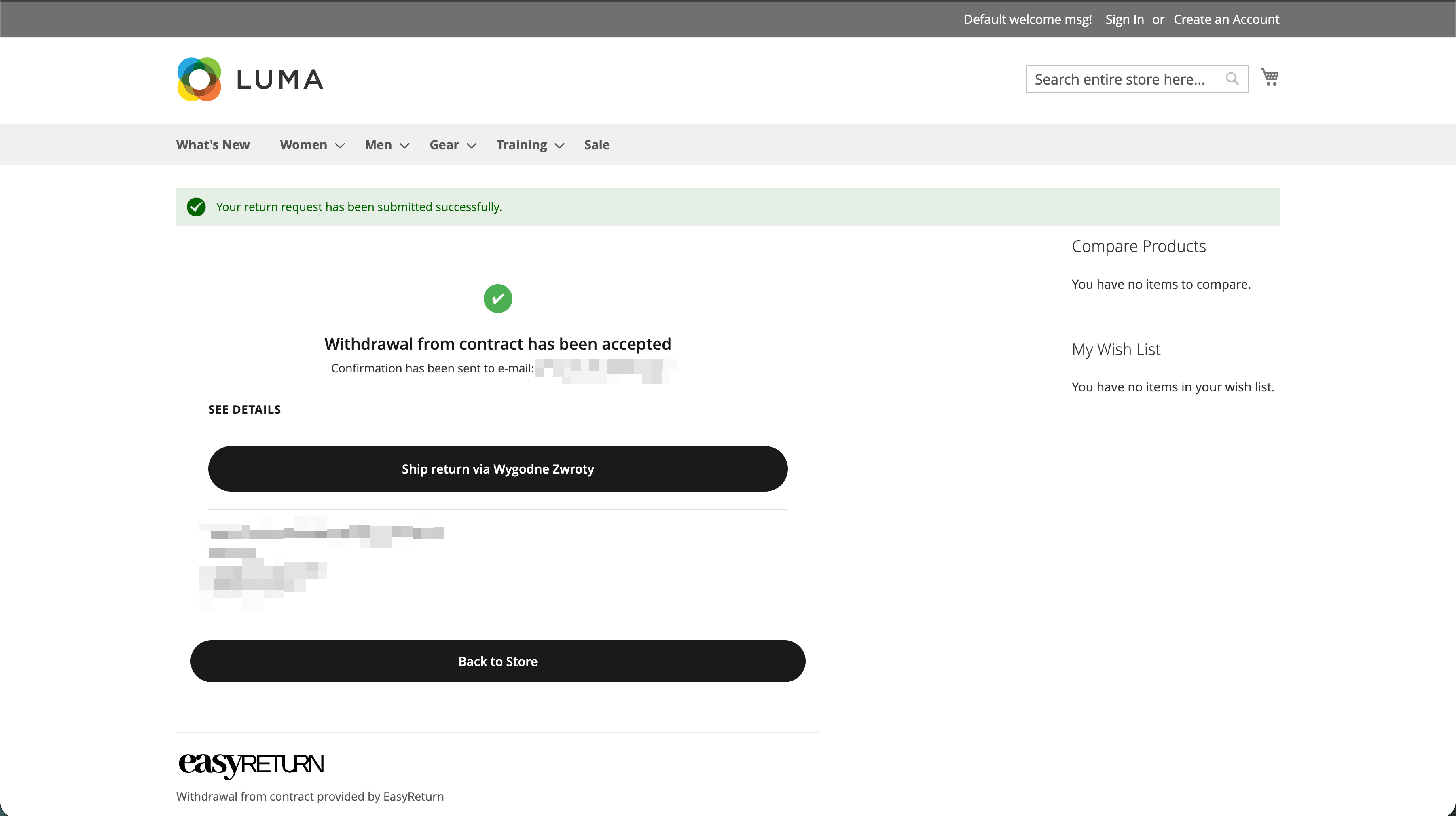 Confirmation screen - withdrawal accepted, Ship return via Wygodne Zwroty button