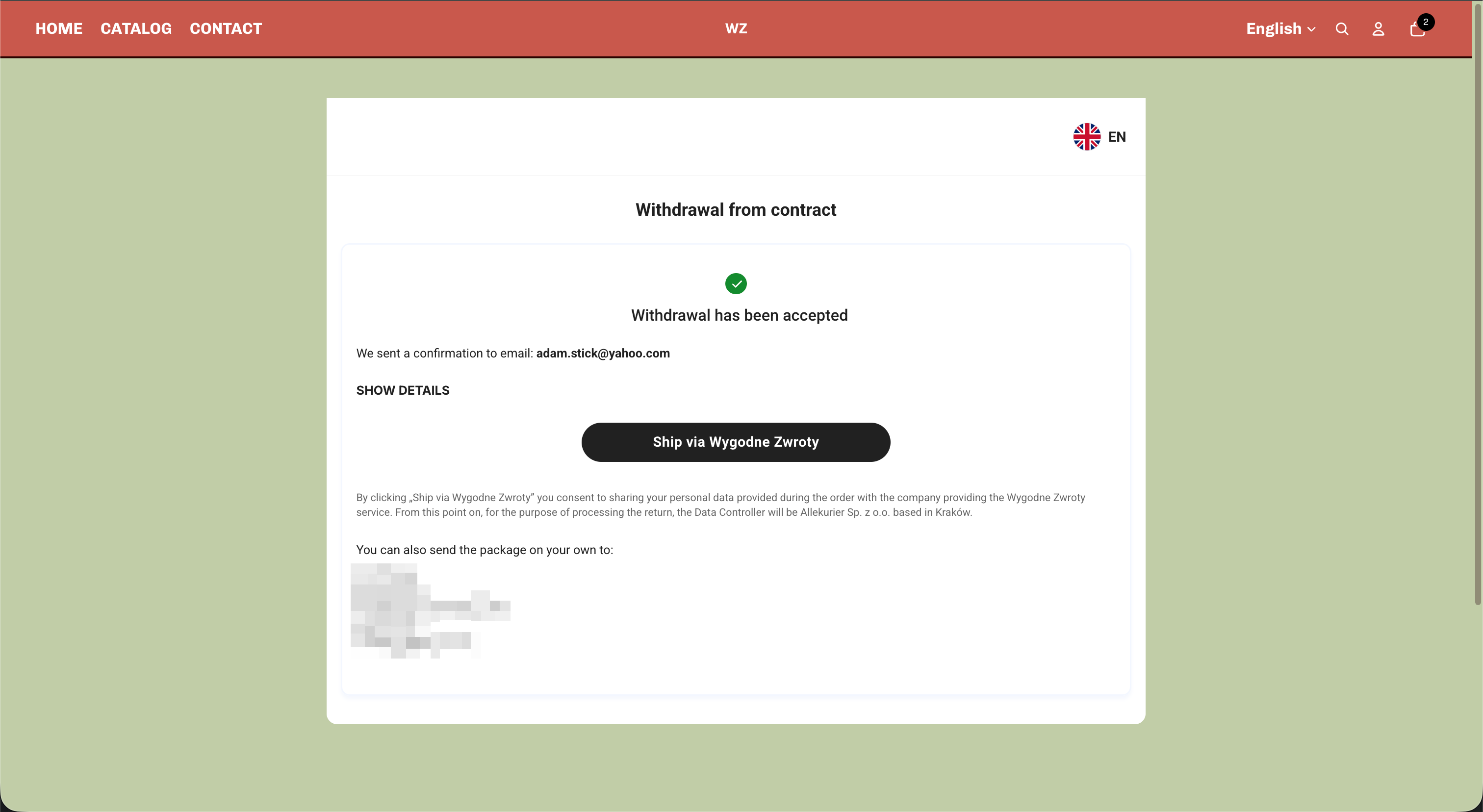 Confirmation screen - withdrawal accepted, Ship via Wygodne Zwroty button and return address