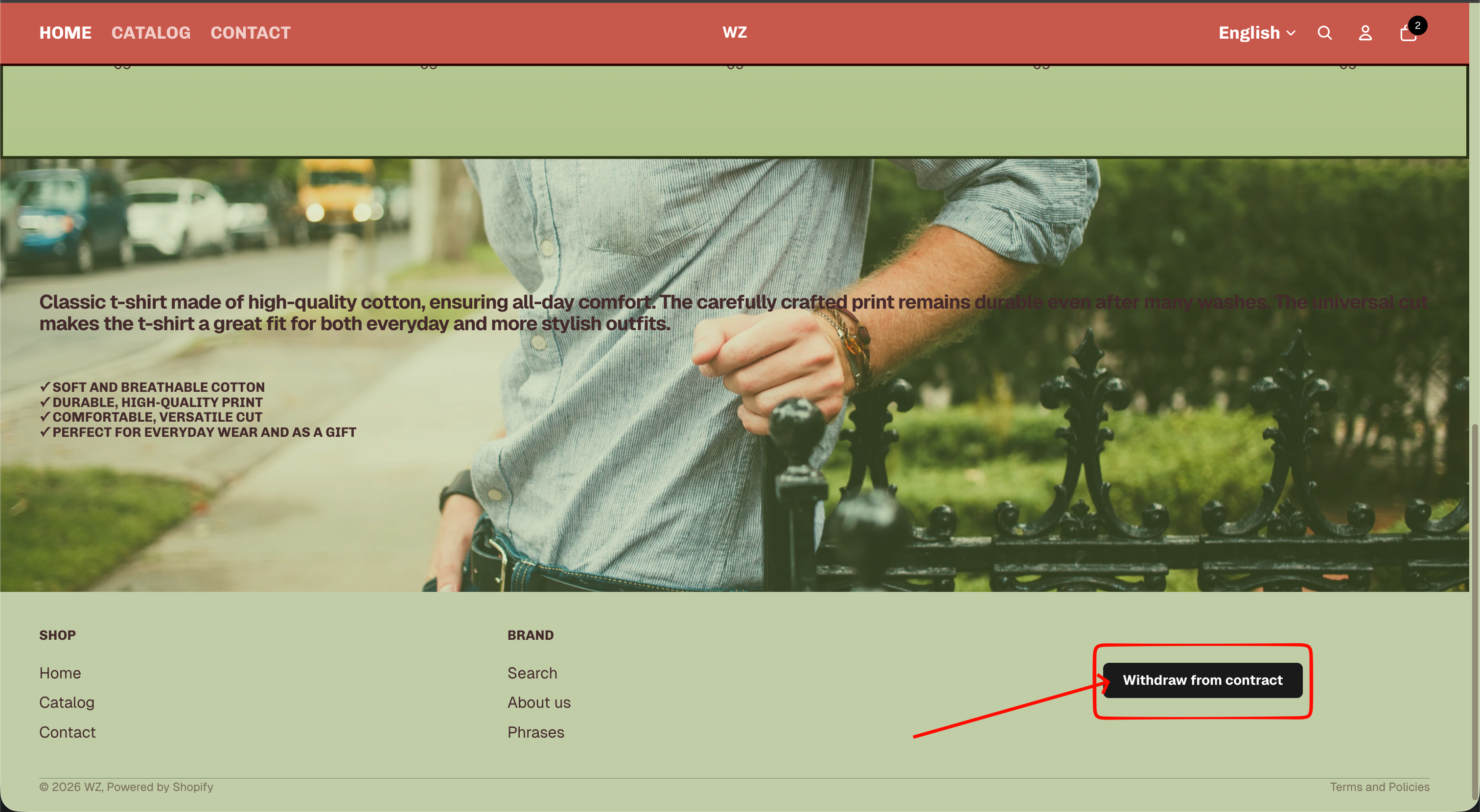 Withdraw from contract button in the store footer