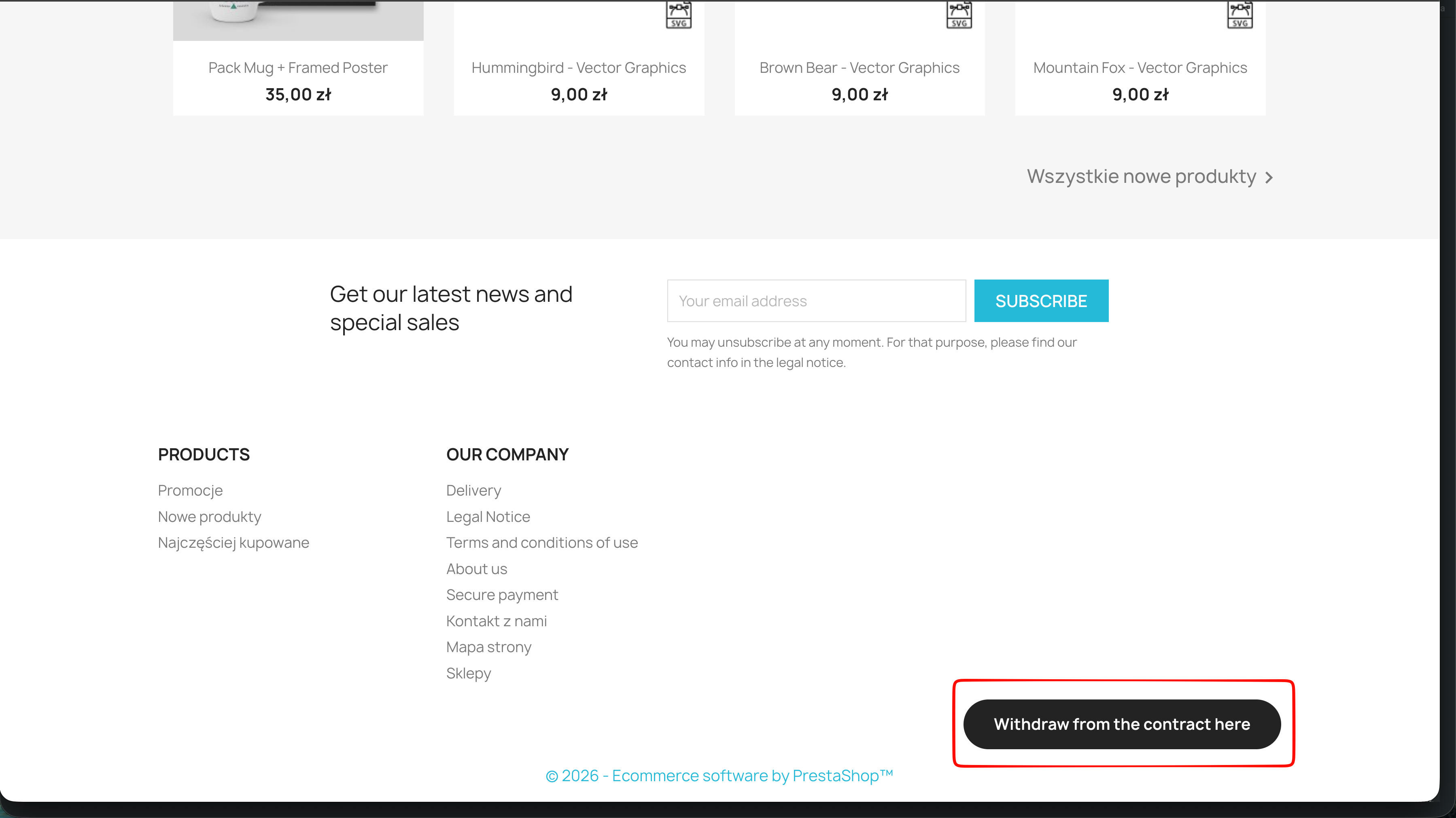 Withdraw from the contract here button in the store footer