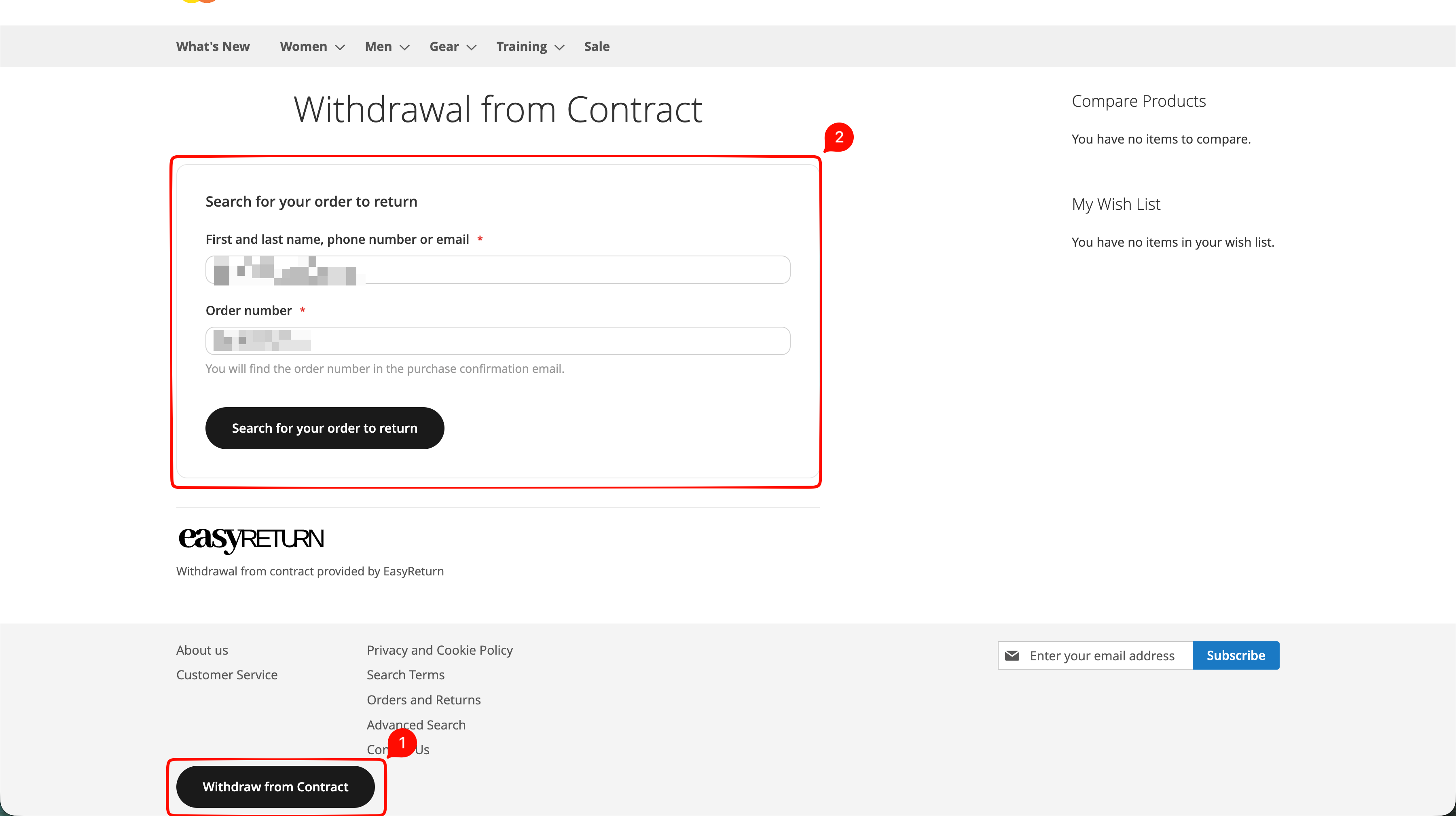 Withdraw from Contract button in the footer and the search-order form
