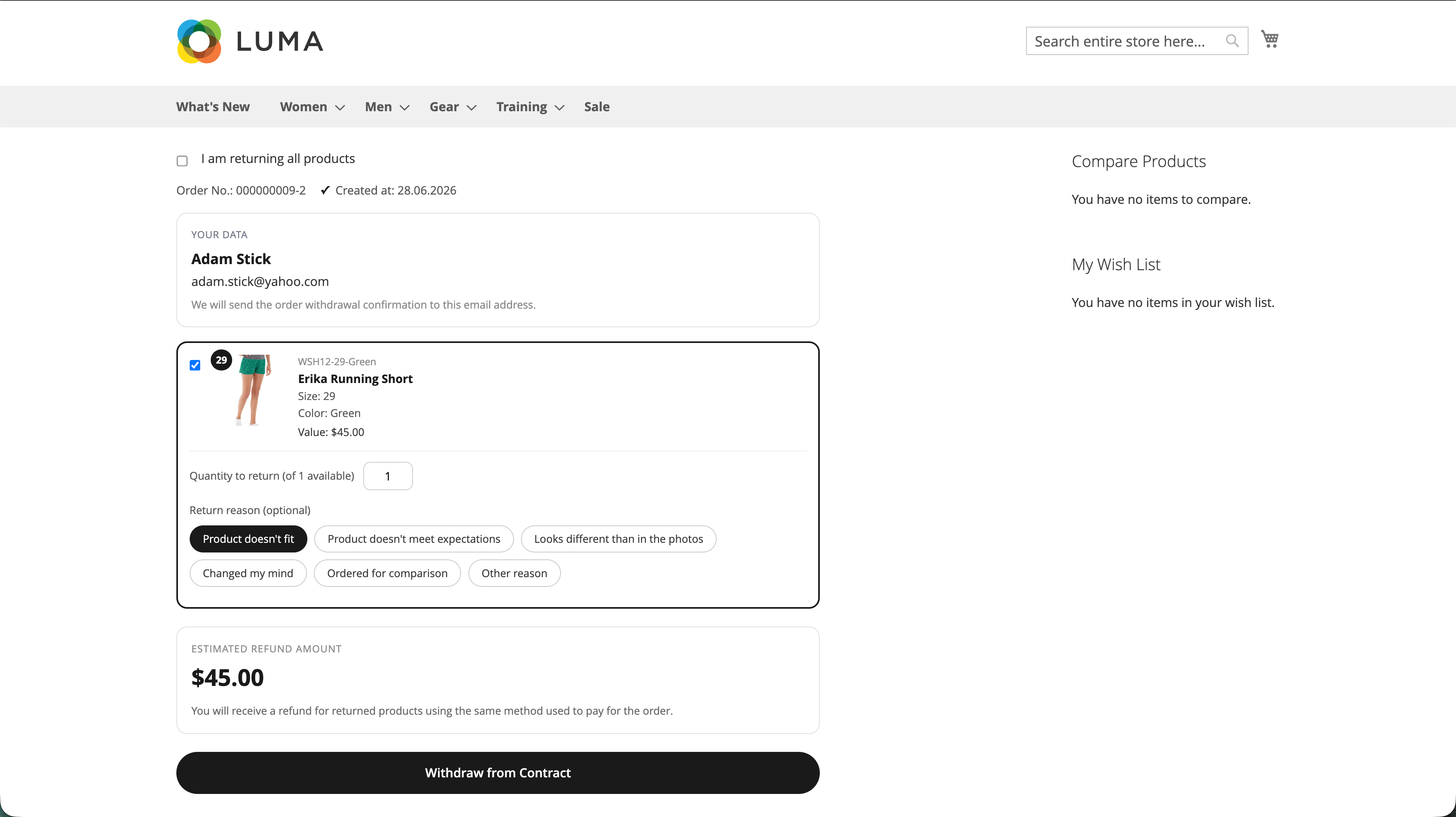 Withdrawal form - product selection, return reason and estimated refund amount