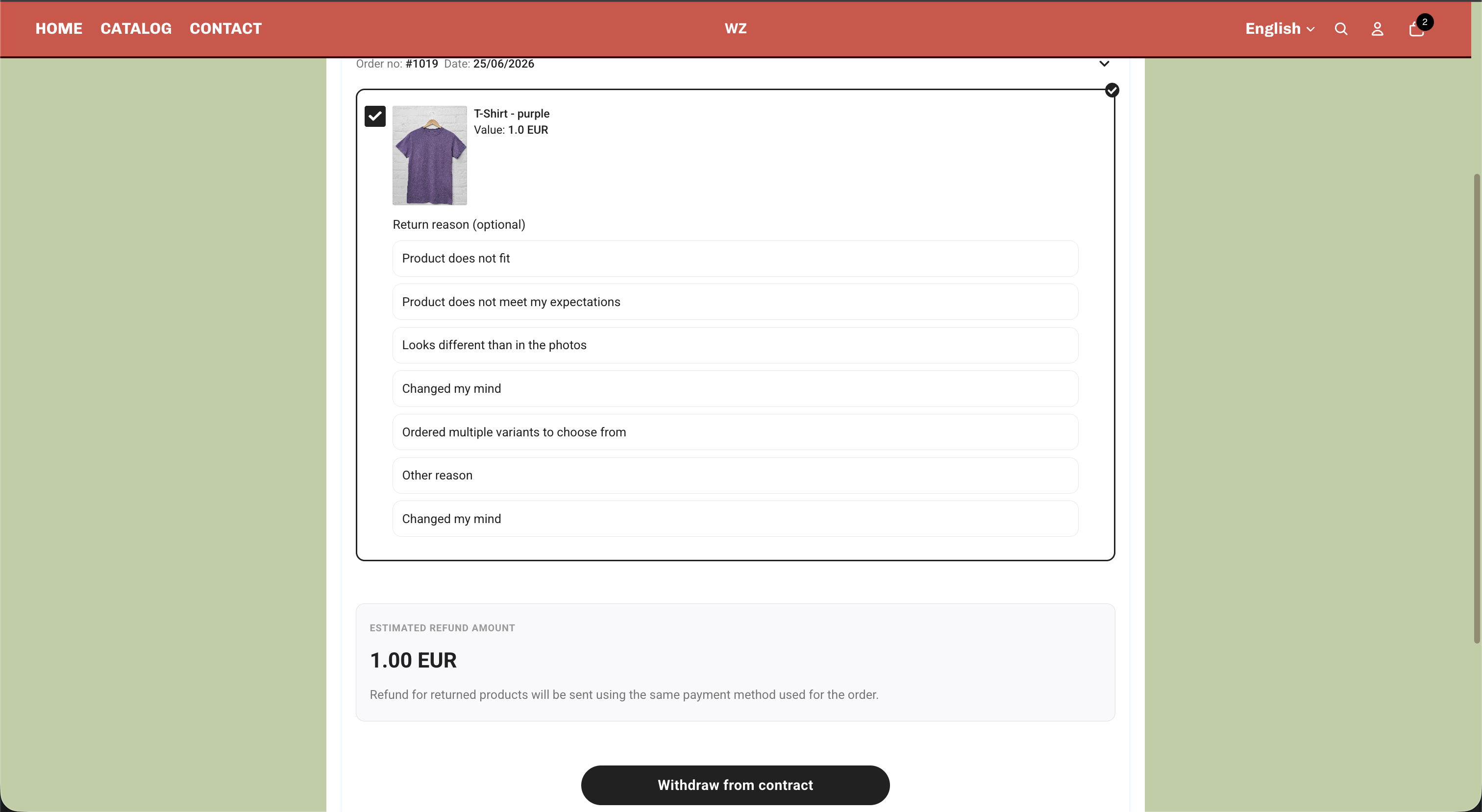 Product selection with optional return reason and estimated refund amount