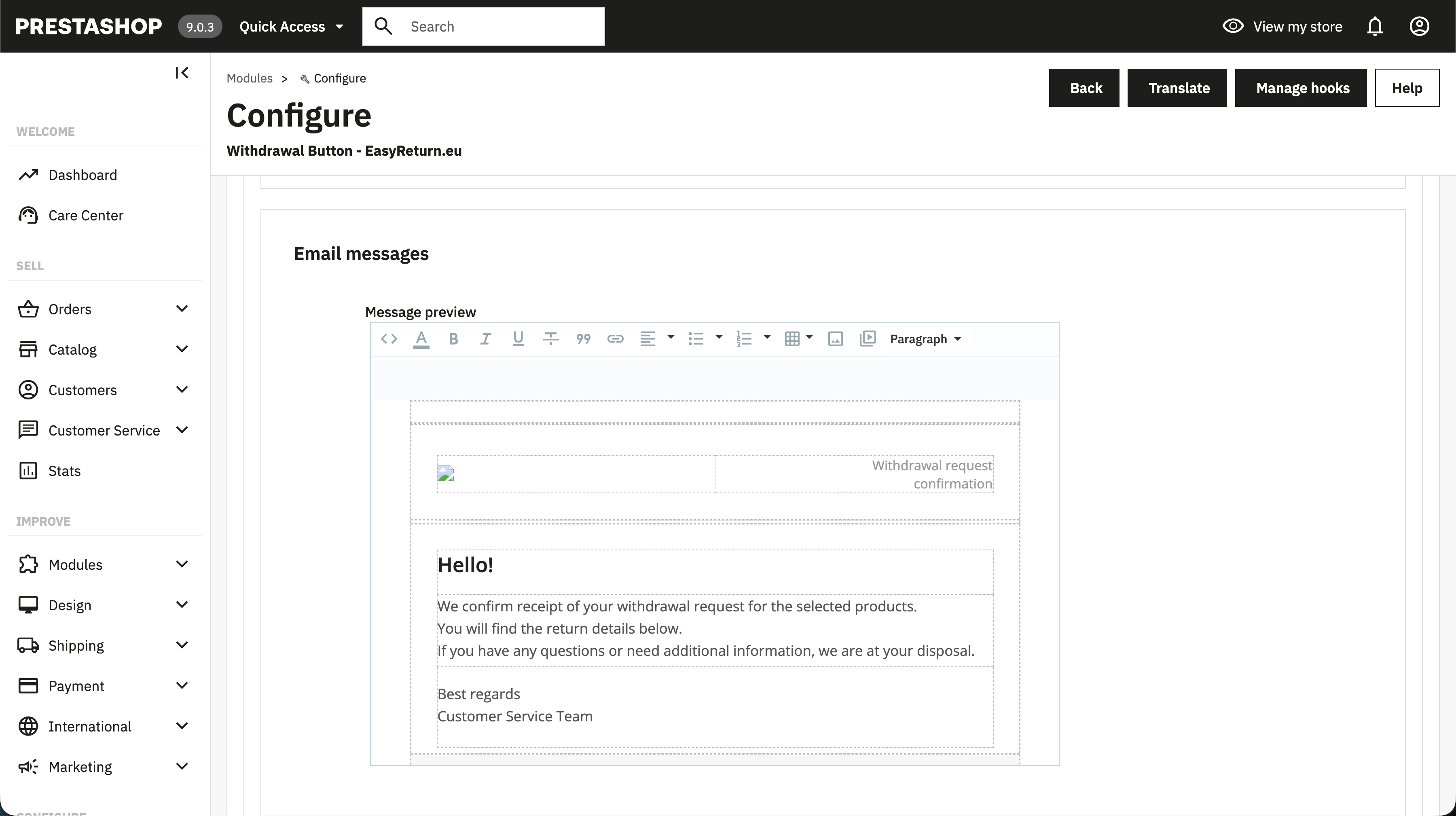 EasyReturn PrestaShop - Email template editor