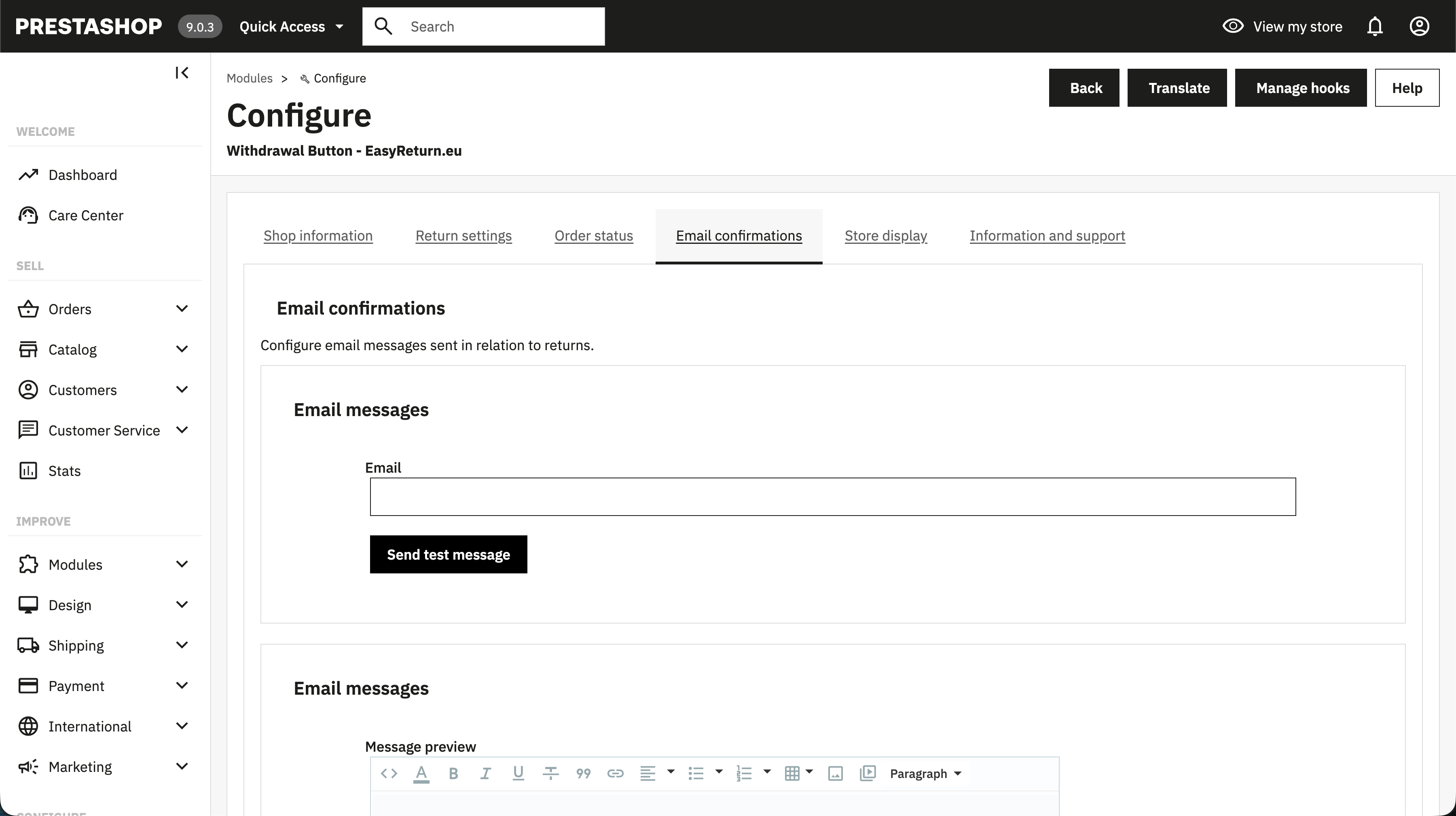 EasyReturn PrestaShop - Email confirmations tab