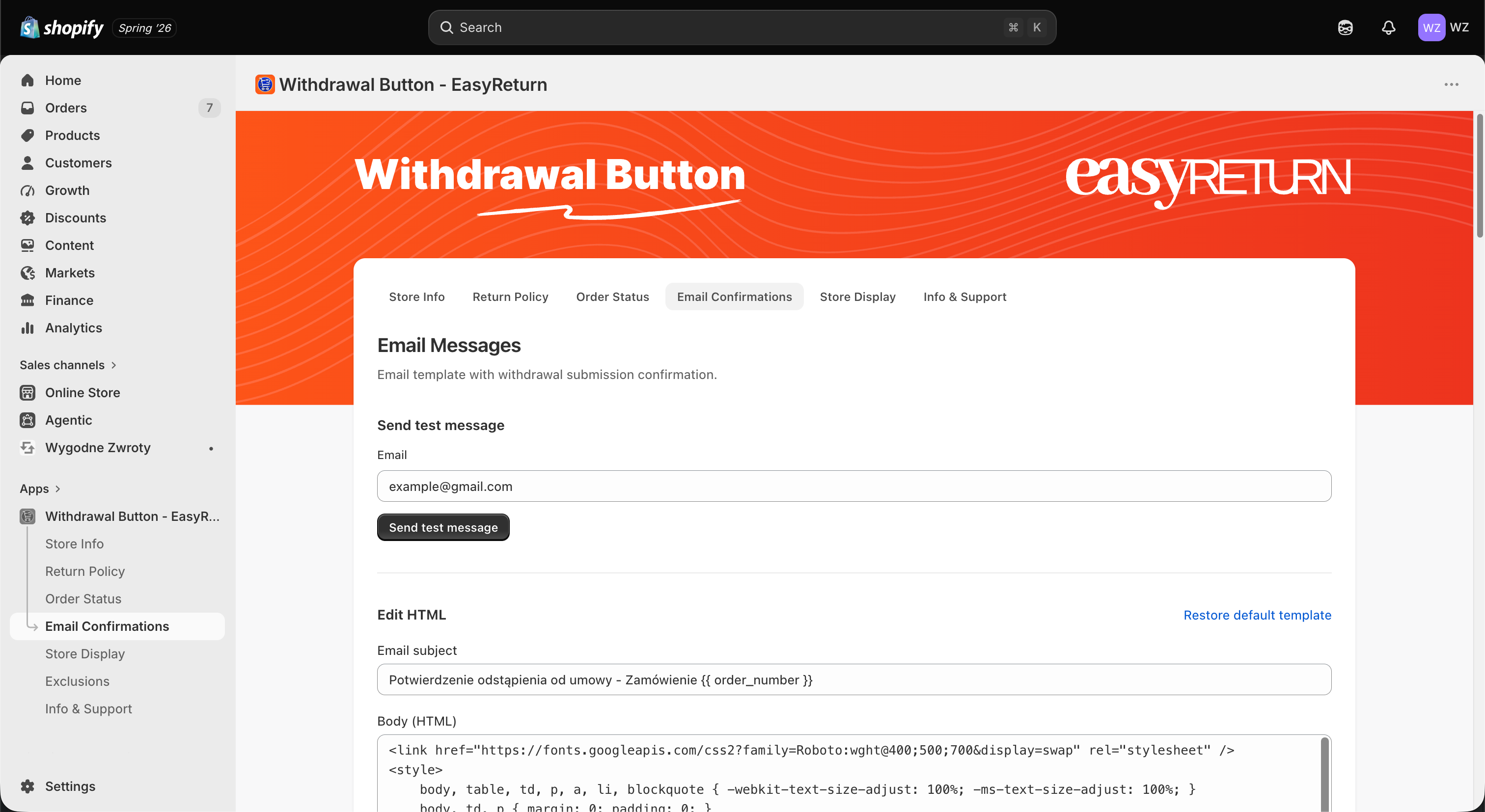 Withdrawal Button - EasyReturn - Email Confirmations tab, test email and HTML template editor