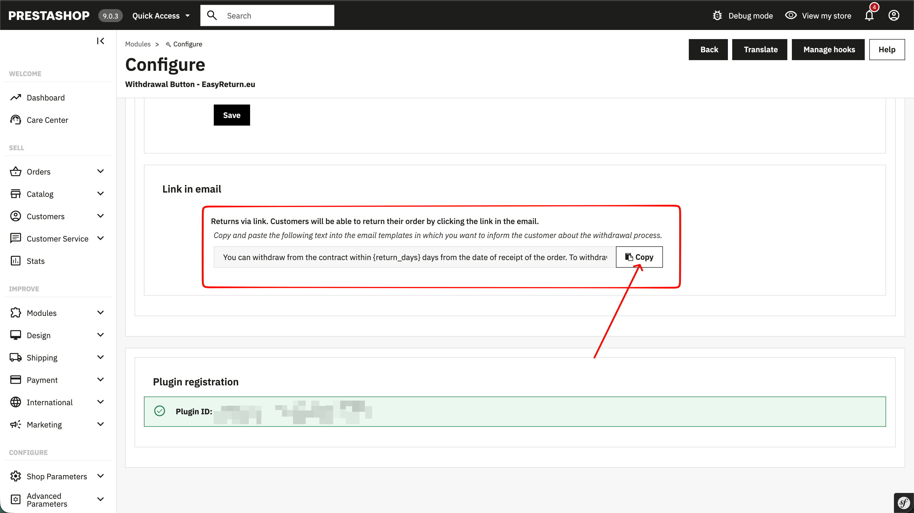 EasyReturn settings - Store display, Link in email section with Copy button