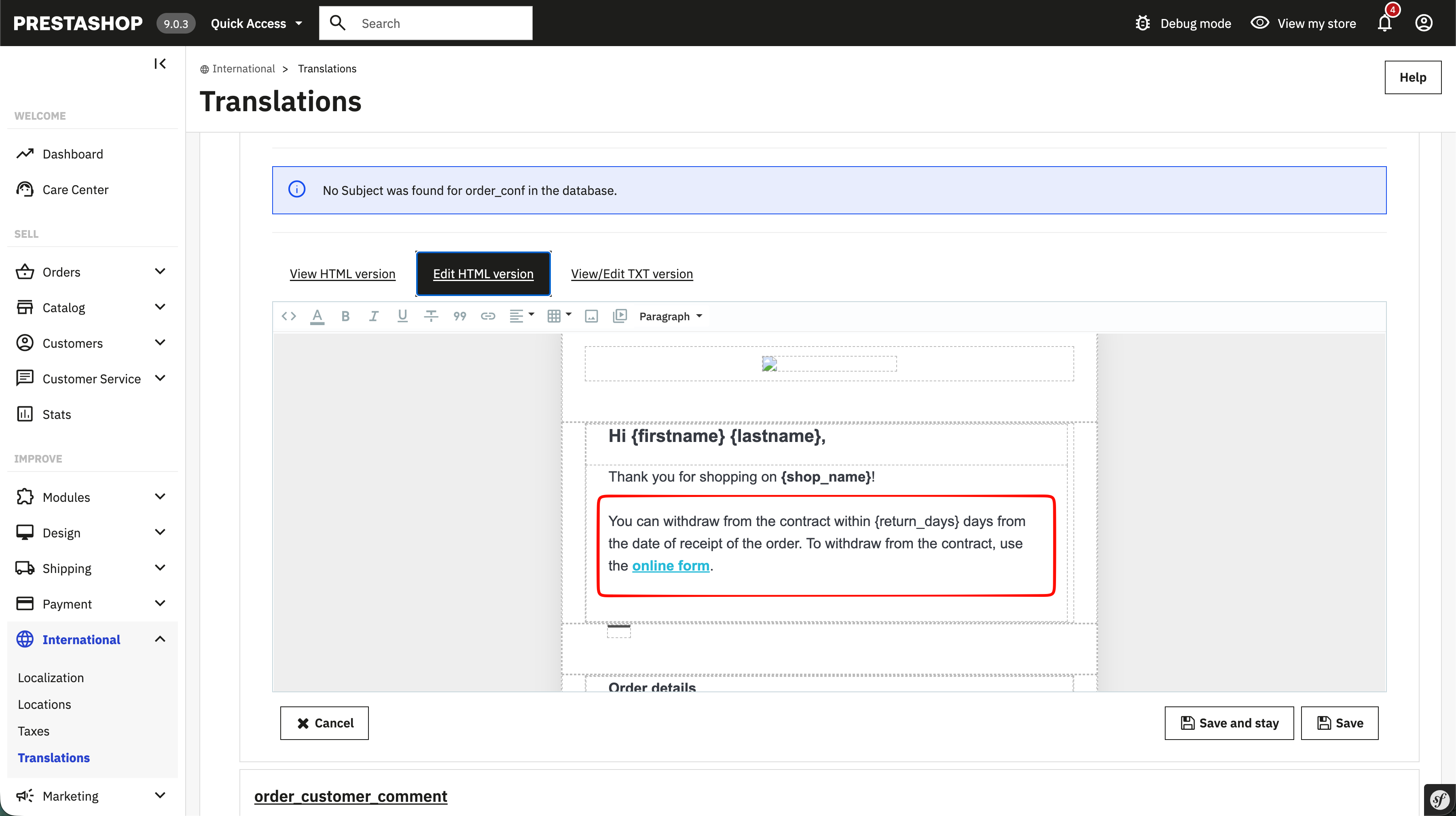 order_conf email template with withdrawal link visible in the editor