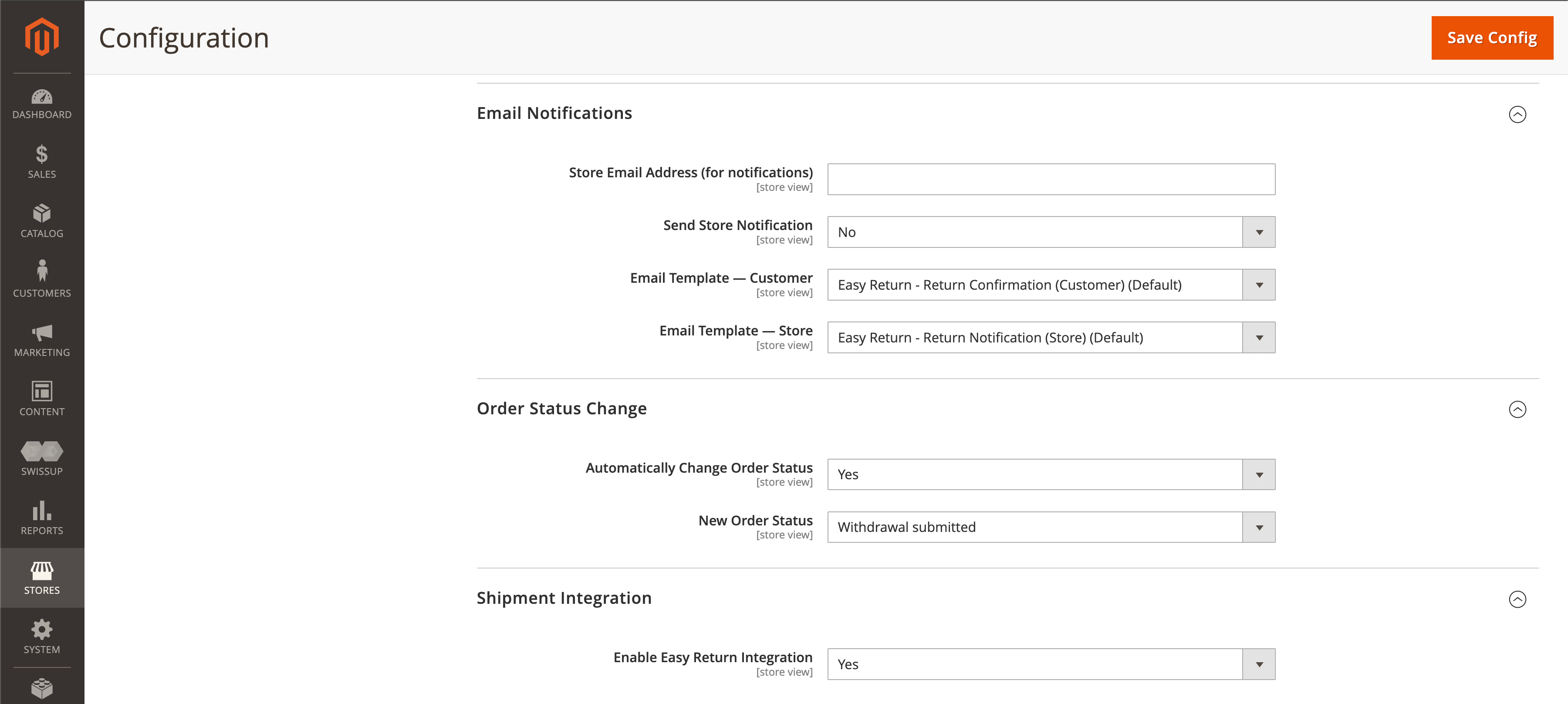 EasyReturn Magento - E-mail notification, Order Status Change and Shipment Integration sections