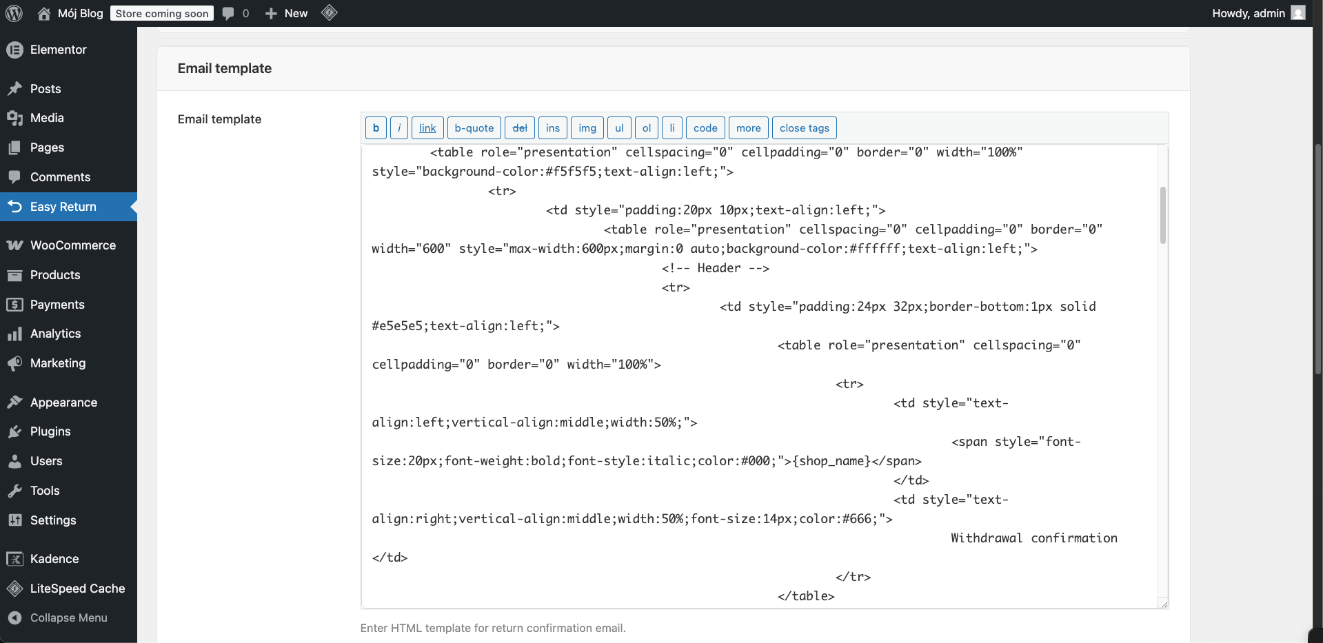 Easy Return Settings - HTML email template editor