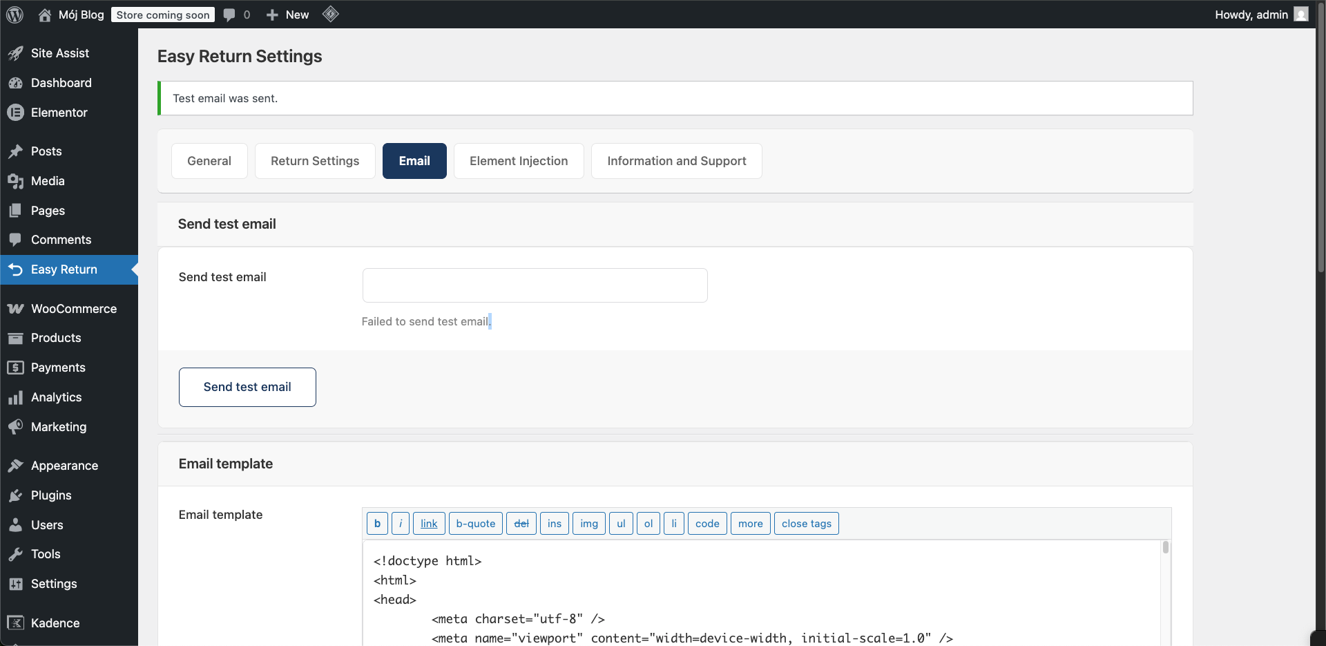 Easy Return Settings - Email tab, test email and template editor