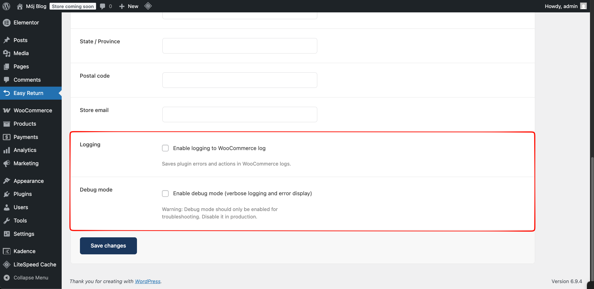 Easy Return Settings - Logging and Debug mode