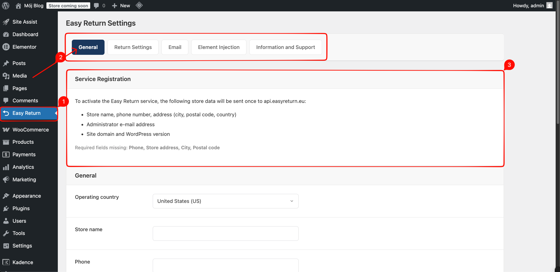 Easy Return Settings - General tab