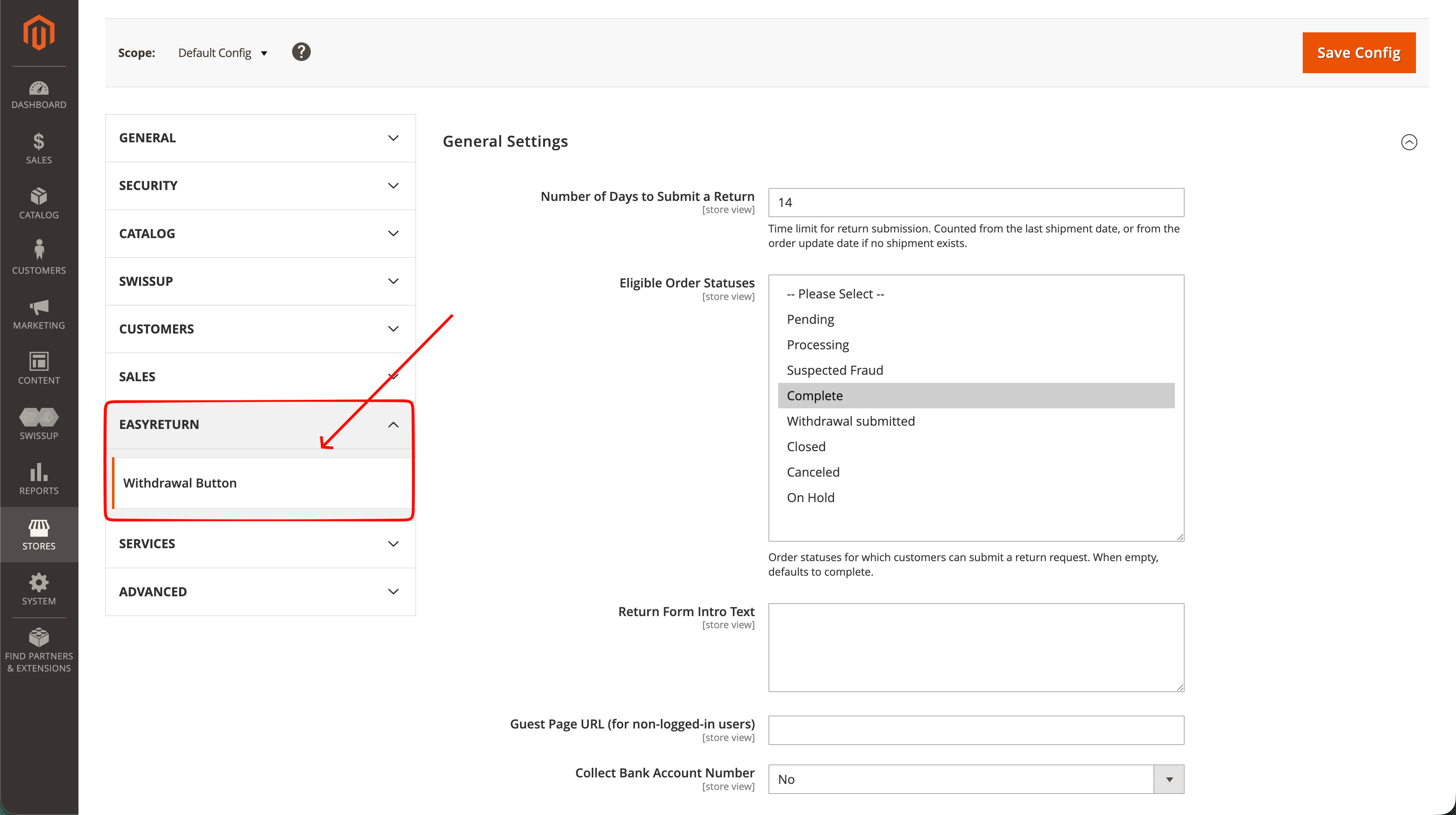 EasyReturn Magento - General Settings section