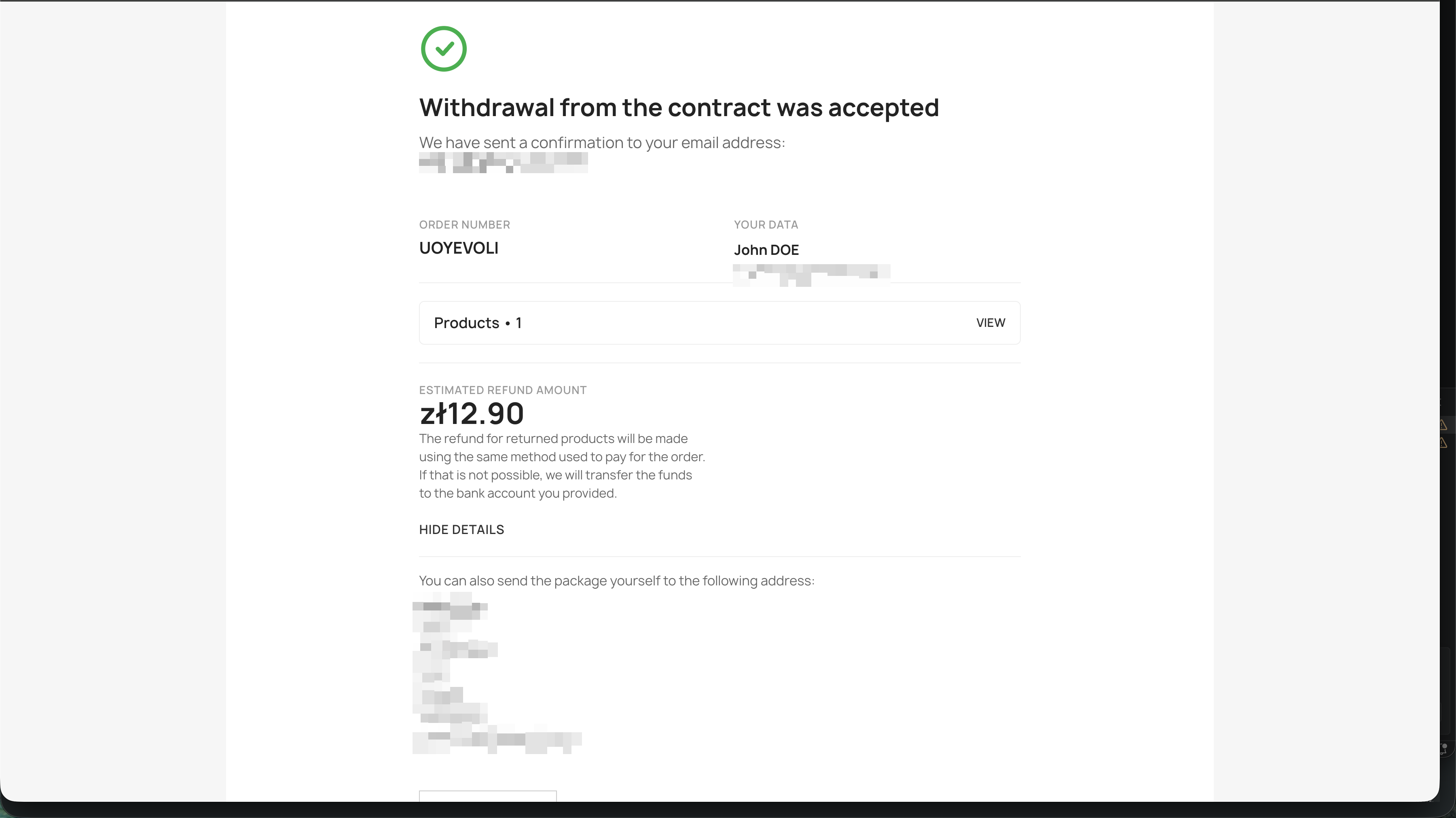 Withdrawal from the contract was accepted - confirmation screen