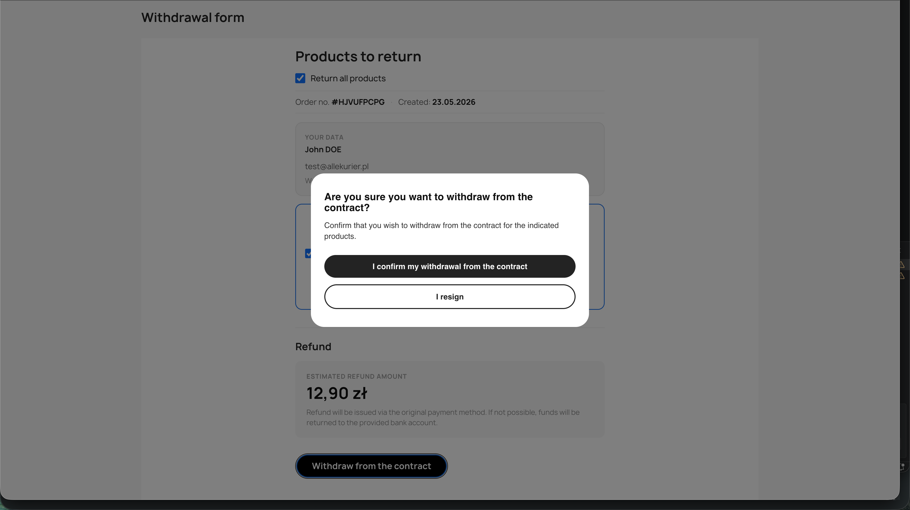 Withdrawal confirmation dialog - I confirm my withdrawal from the contract