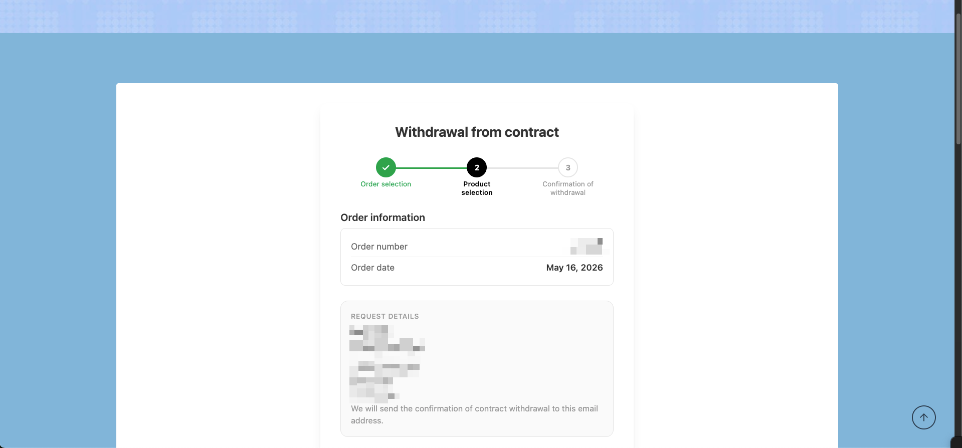 Withdrawal form step 2 - order confirmed, product selection