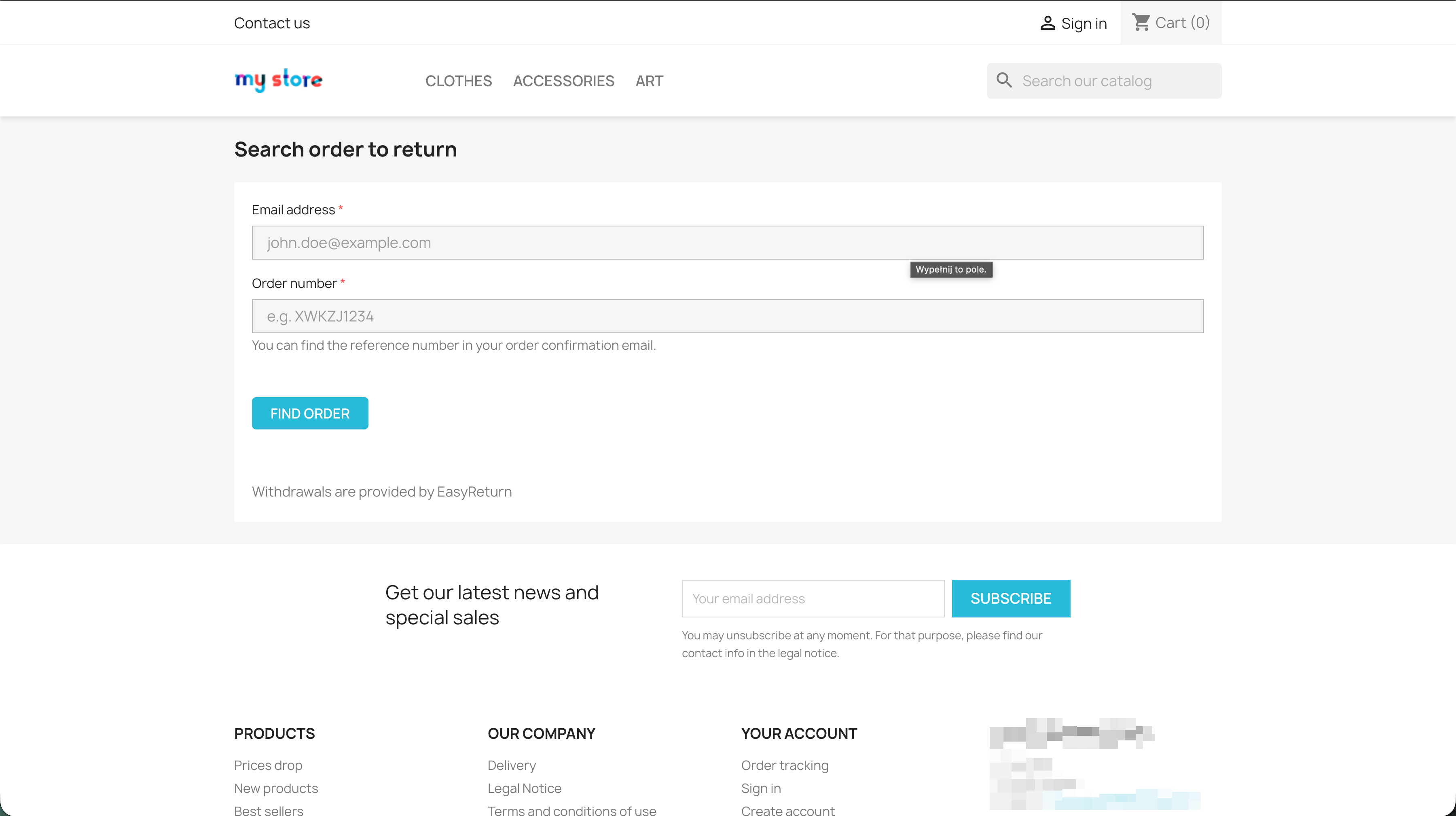 Search order to return - email address and order number form