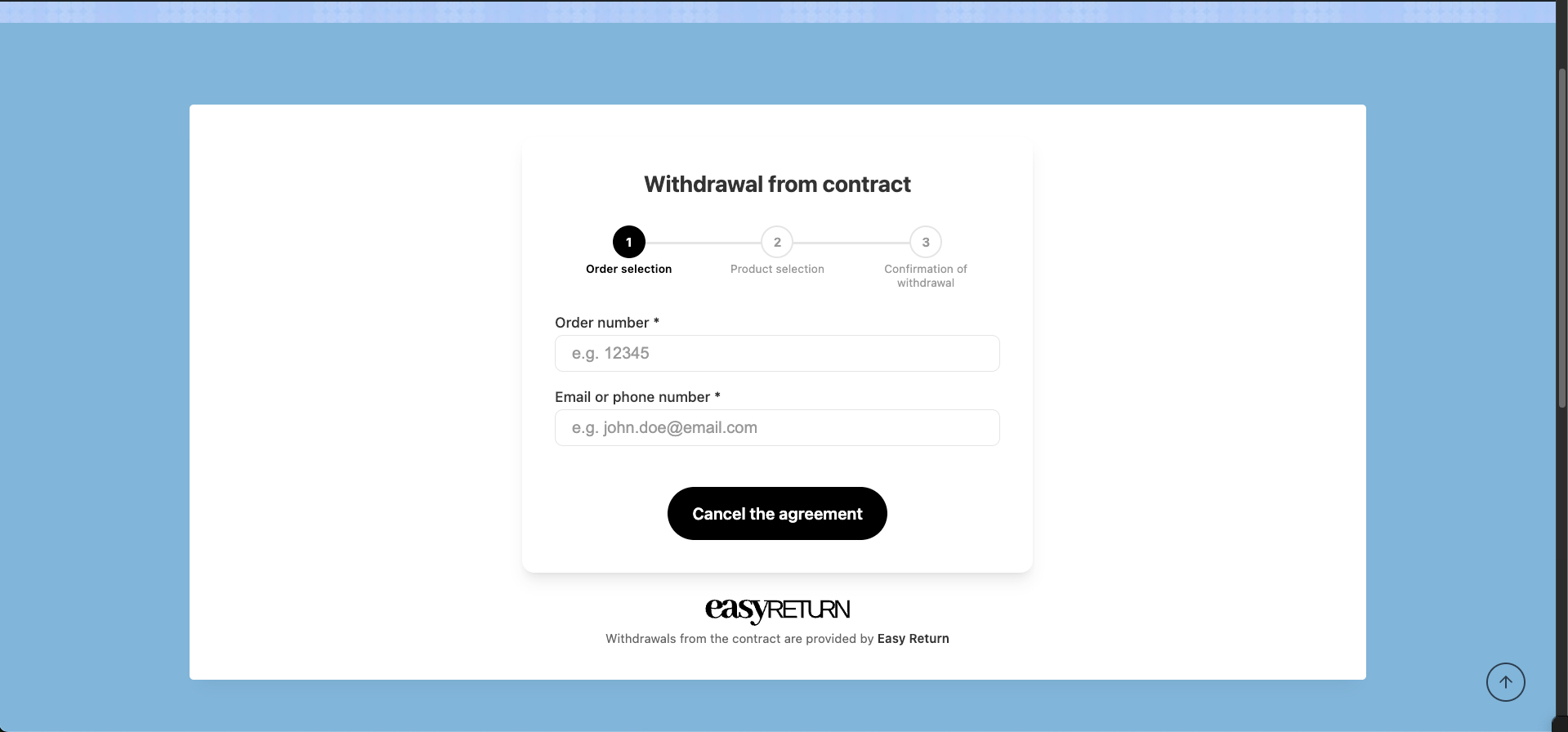 Withdrawal form step 1 - order number and email or phone number