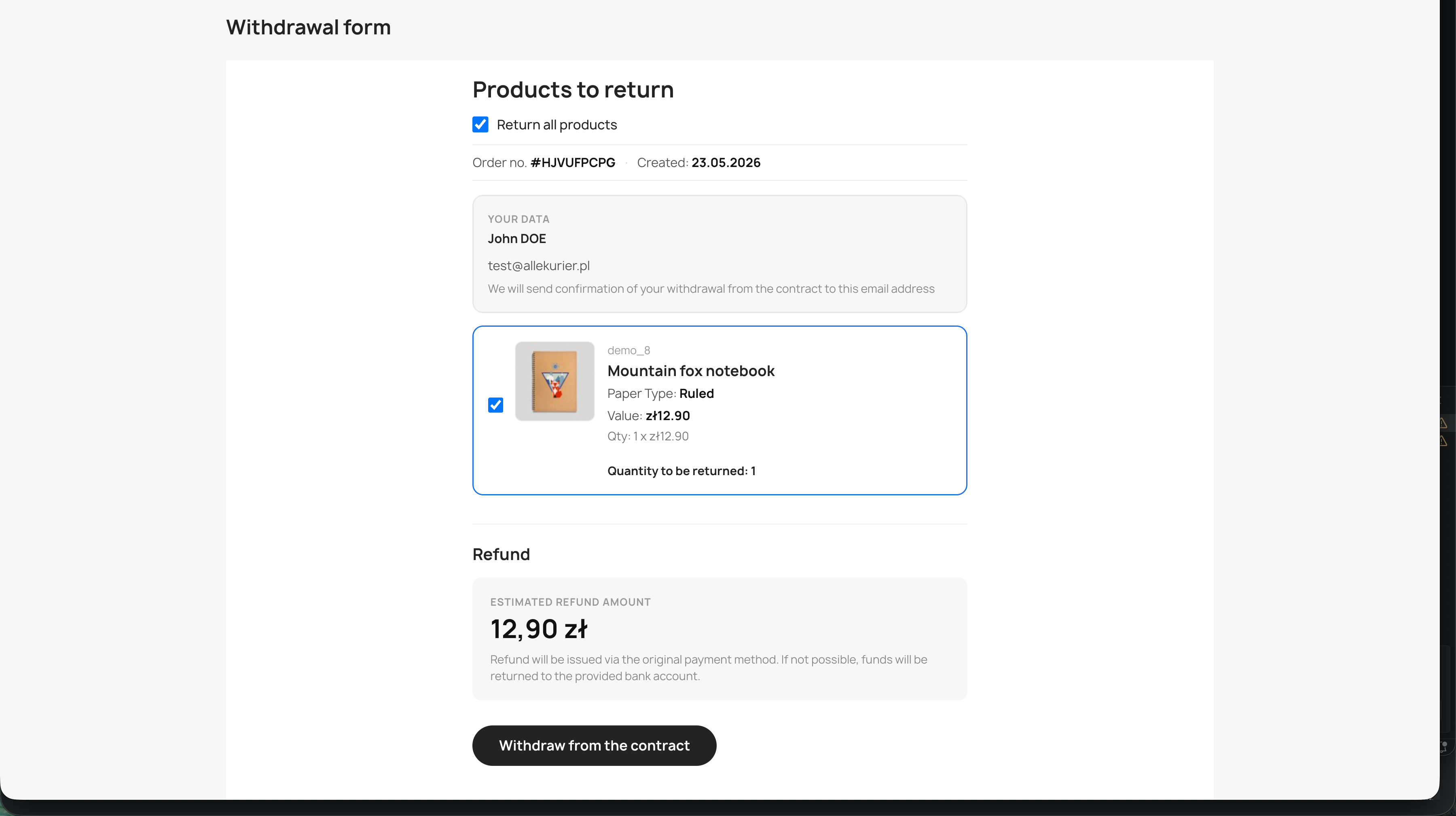 Withdrawal form - product selection with estimated refund amount