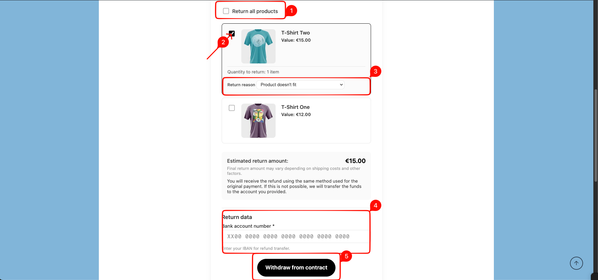 Product selection with return reasons and bank account field