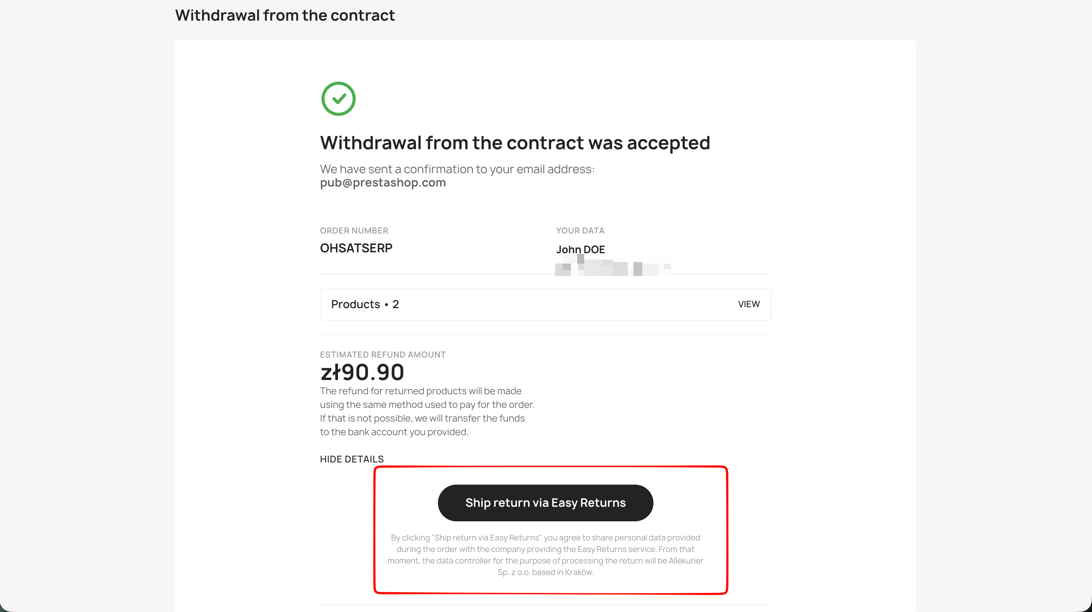 Confirmation screen with Ship return via Easy Returns button