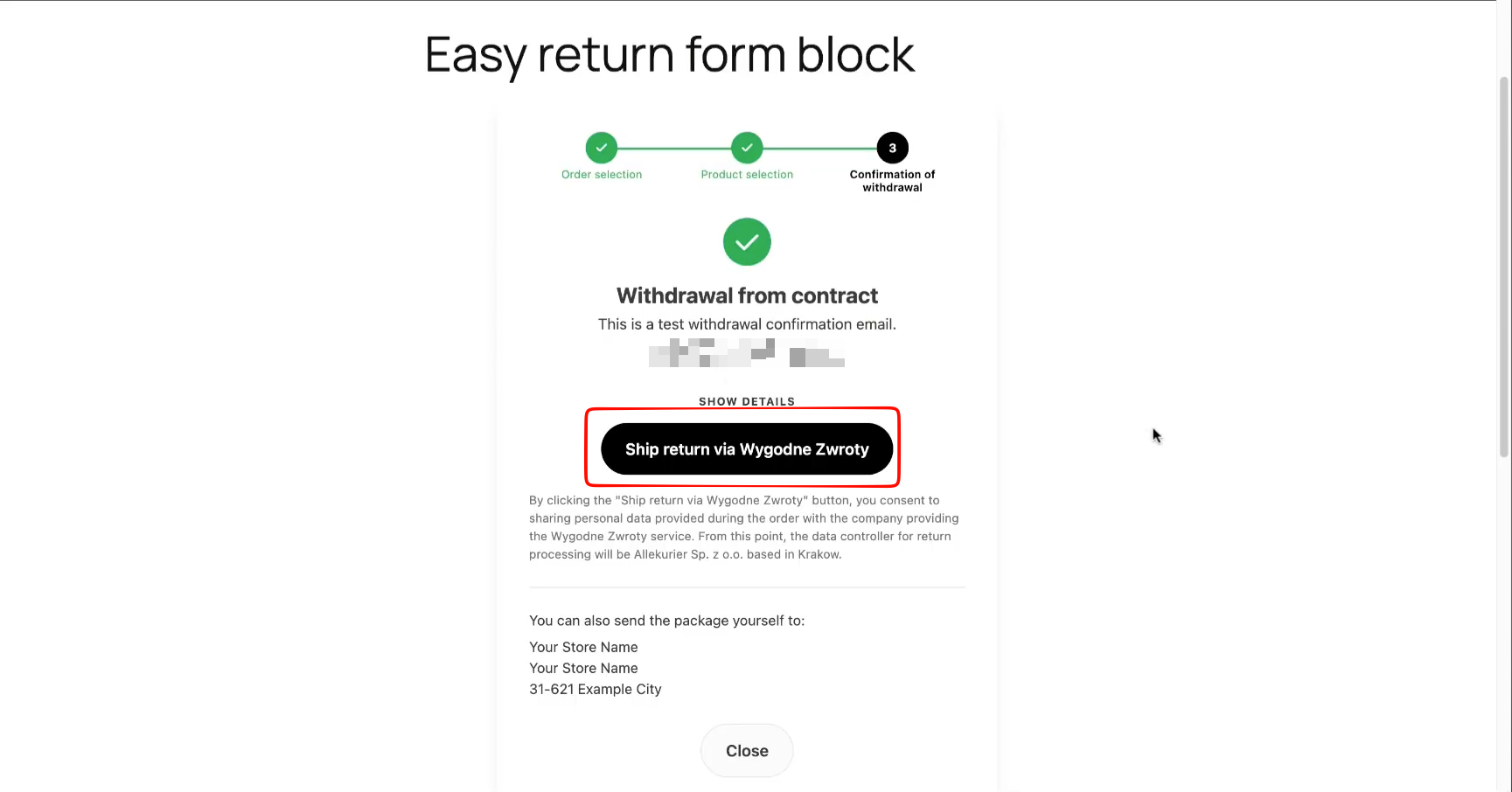 Confirmation screen with Ship return via Wygodne Zwroty button
