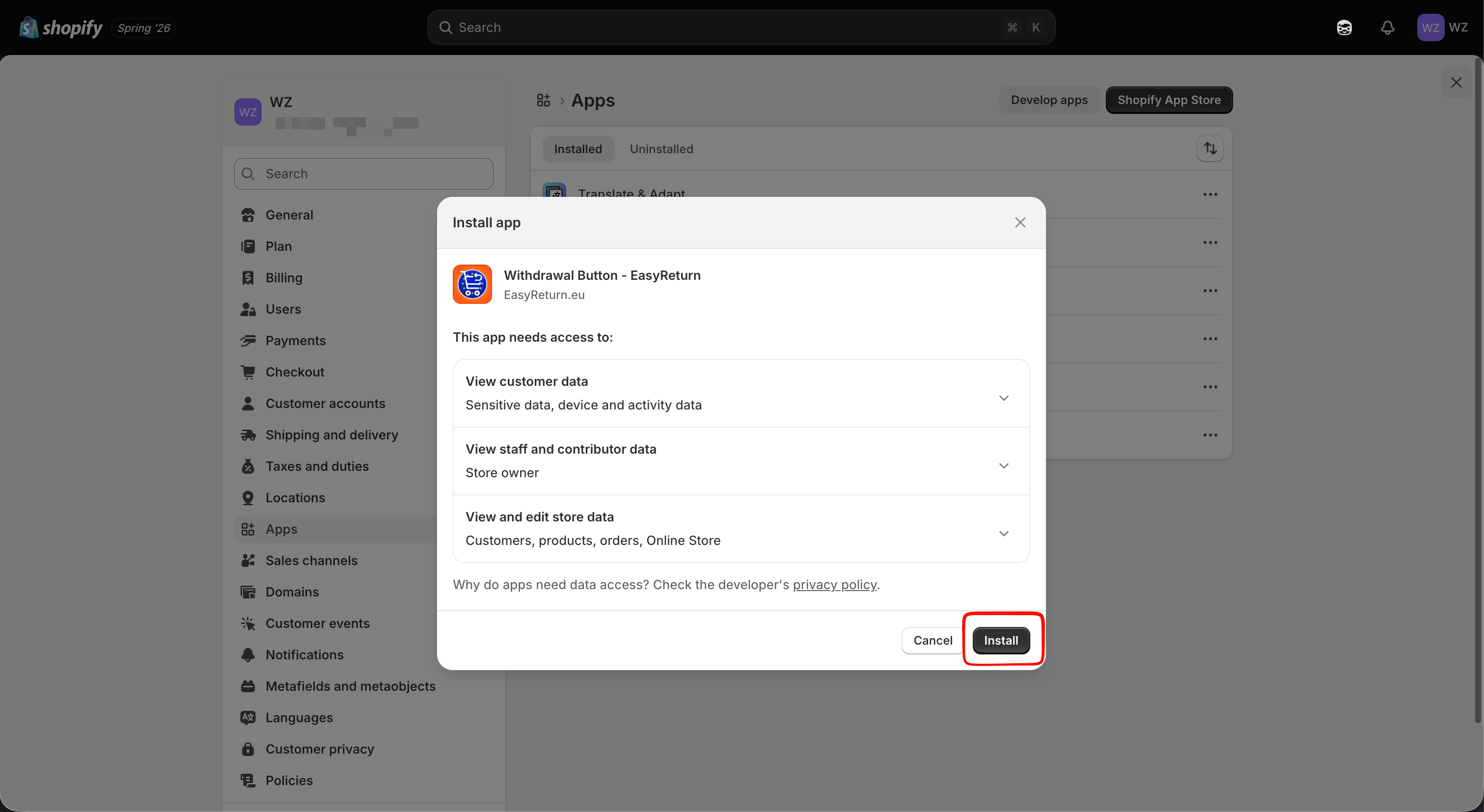 Shopify Install app dialog showing the permissions requested by Withdrawal Button - EasyReturn