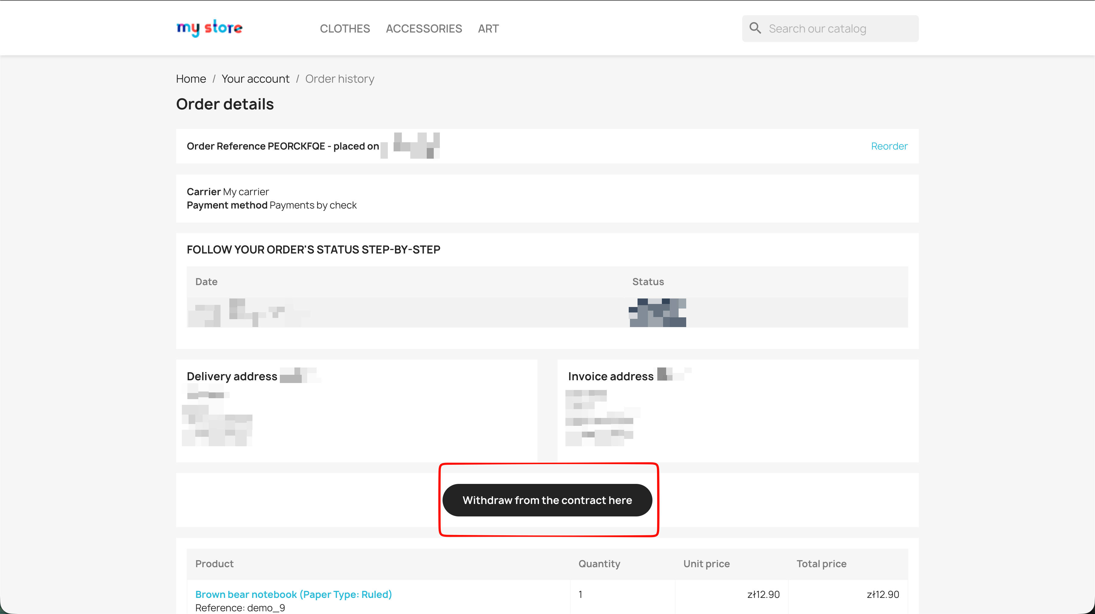 Withdraw from the contract here button on the order details page