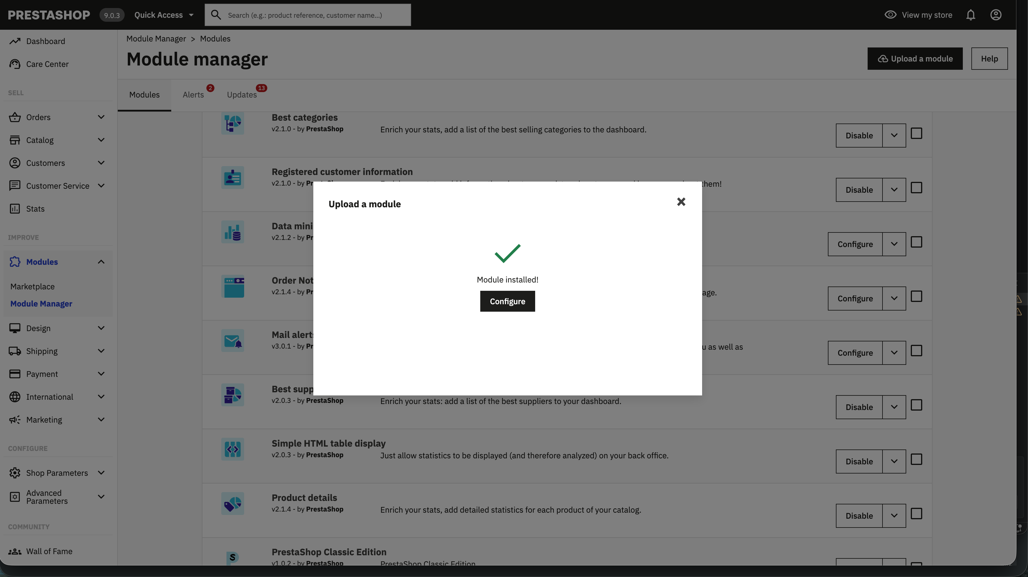 PrestaShop - Module installed successfully, Configure button