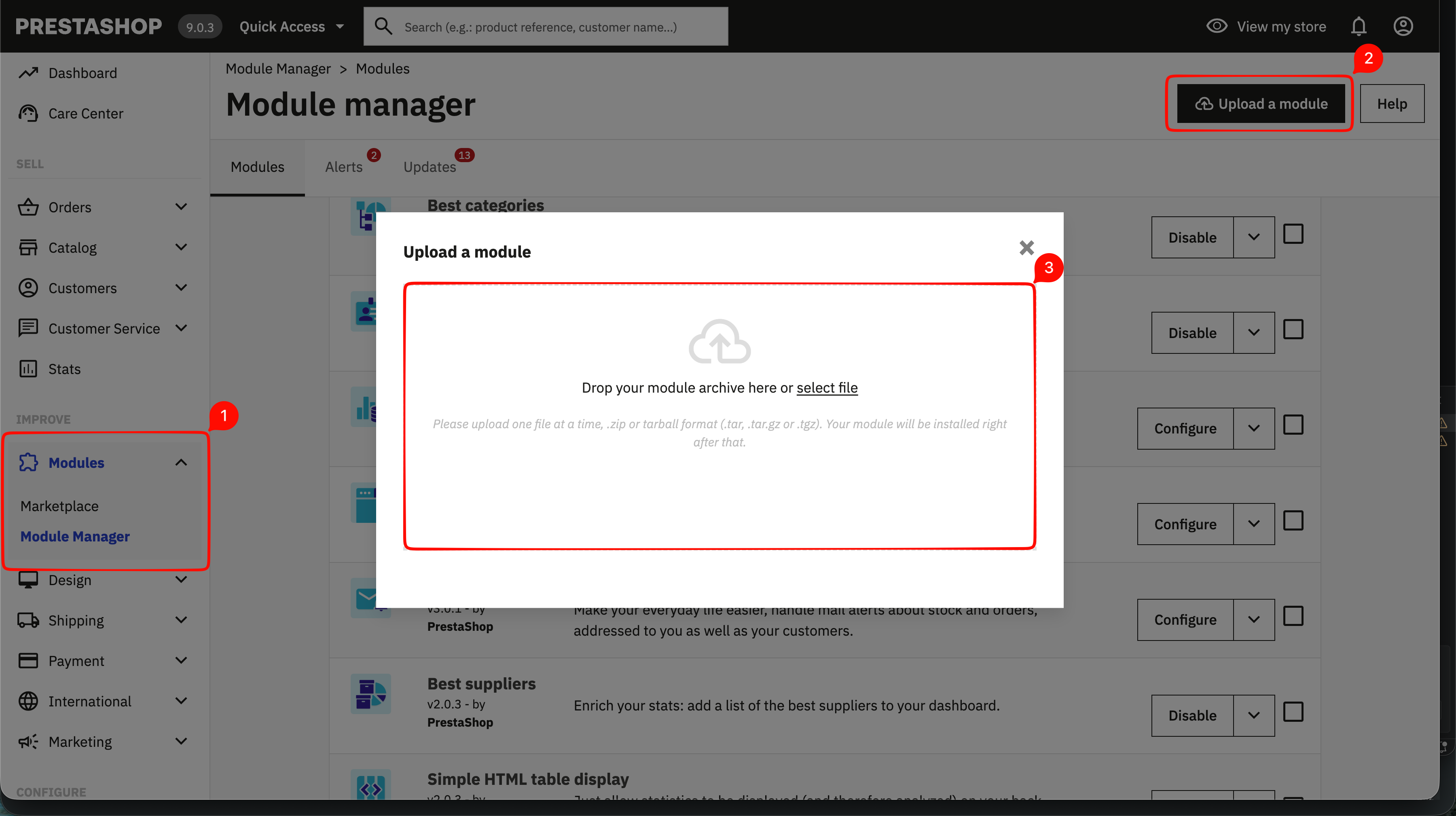 PrestaShop Module Manager - Upload a module dialog