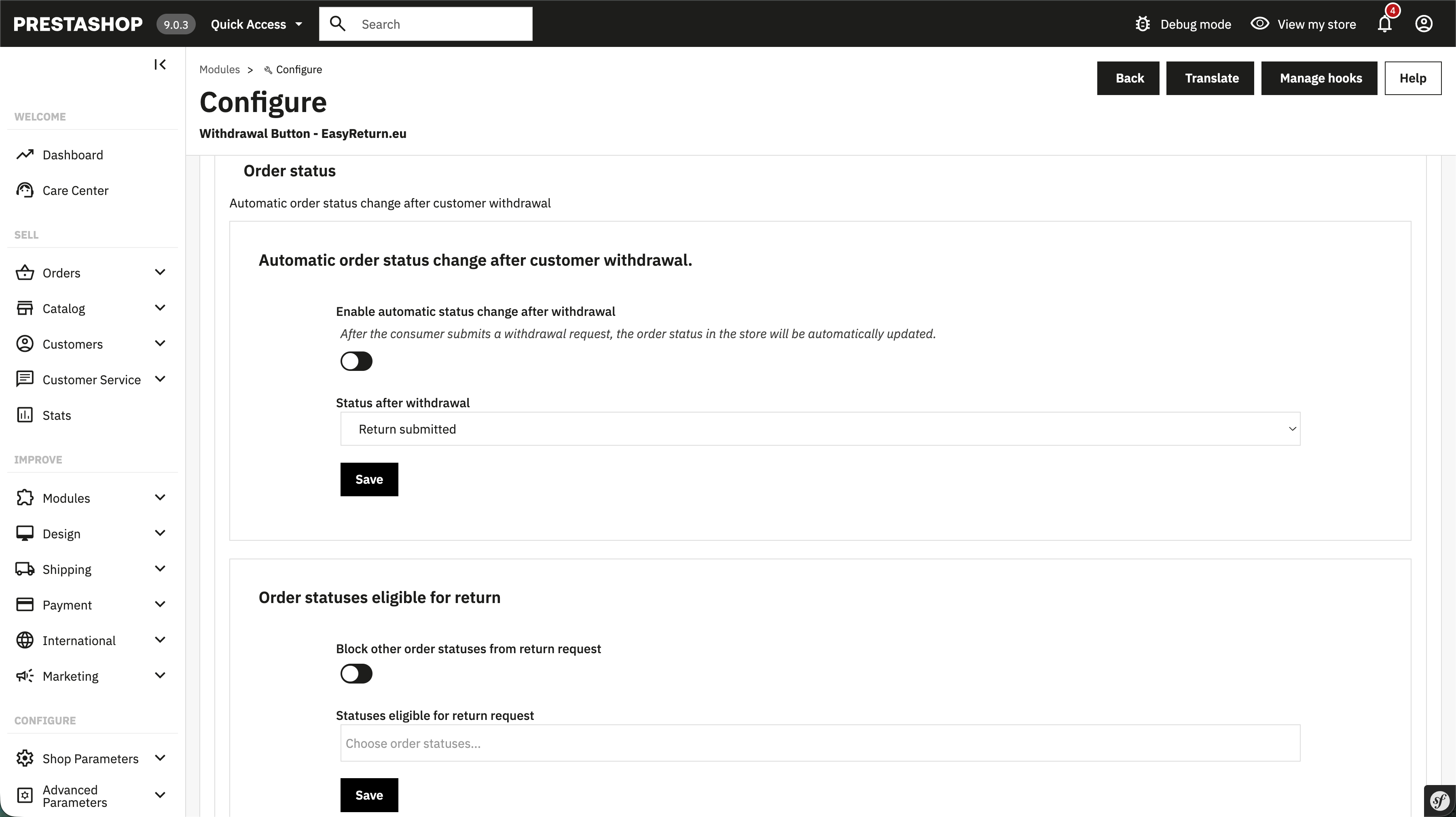EasyReturn PrestaShop - Order status tab