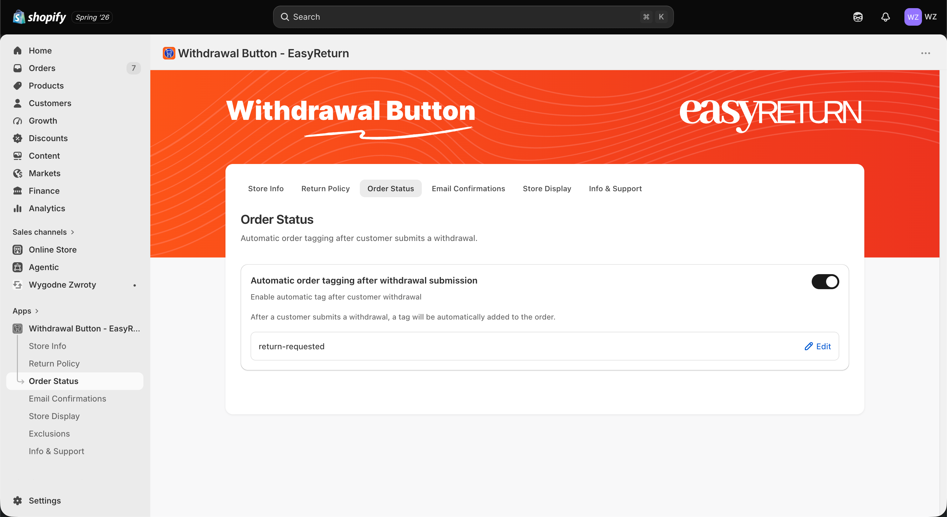 Withdrawal Button - EasyReturn - Order Status tab, automatic order tagging