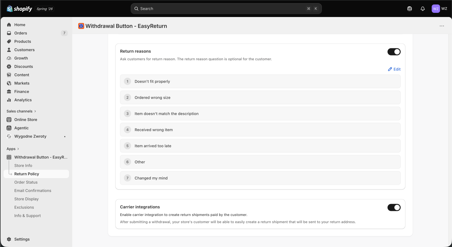 Withdrawal Button - EasyReturn - return reasons list and carrier integrations toggle