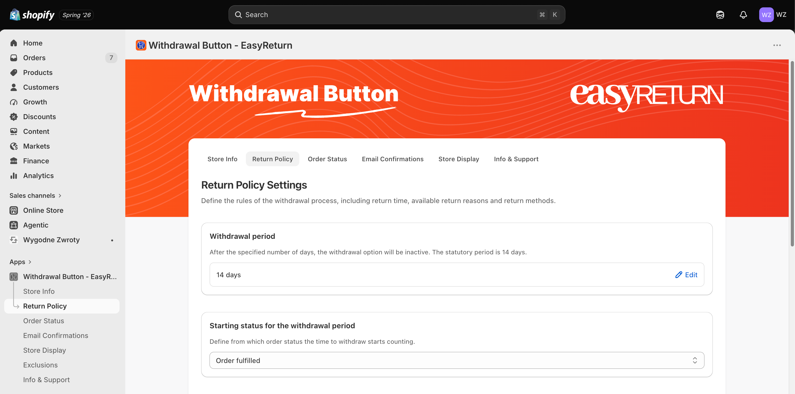 Withdrawal Button - EasyReturn - Return Policy tab, withdrawal period and starting status