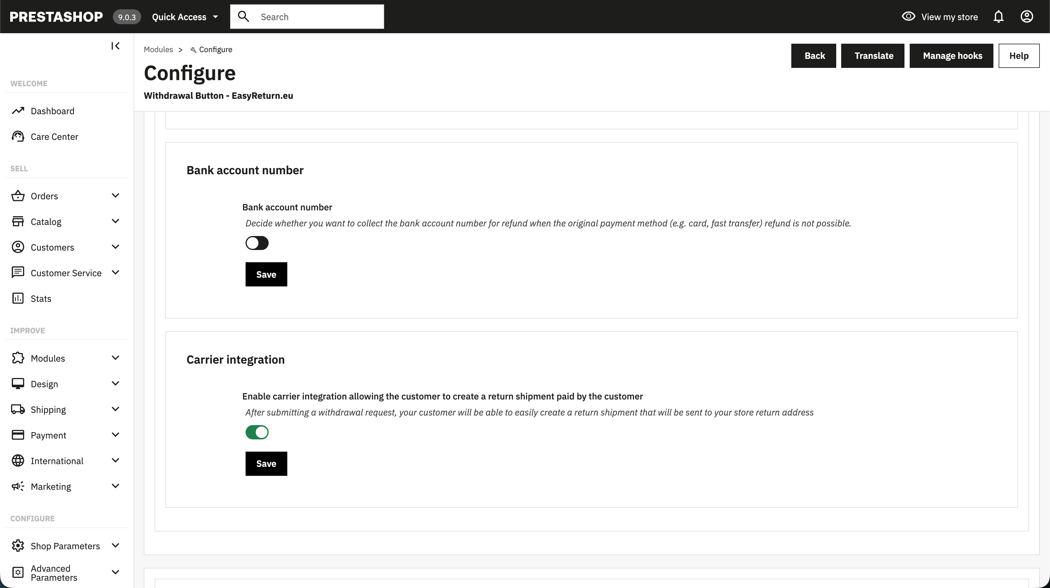 EasyReturn PrestaShop - Bank account number and carrier integration