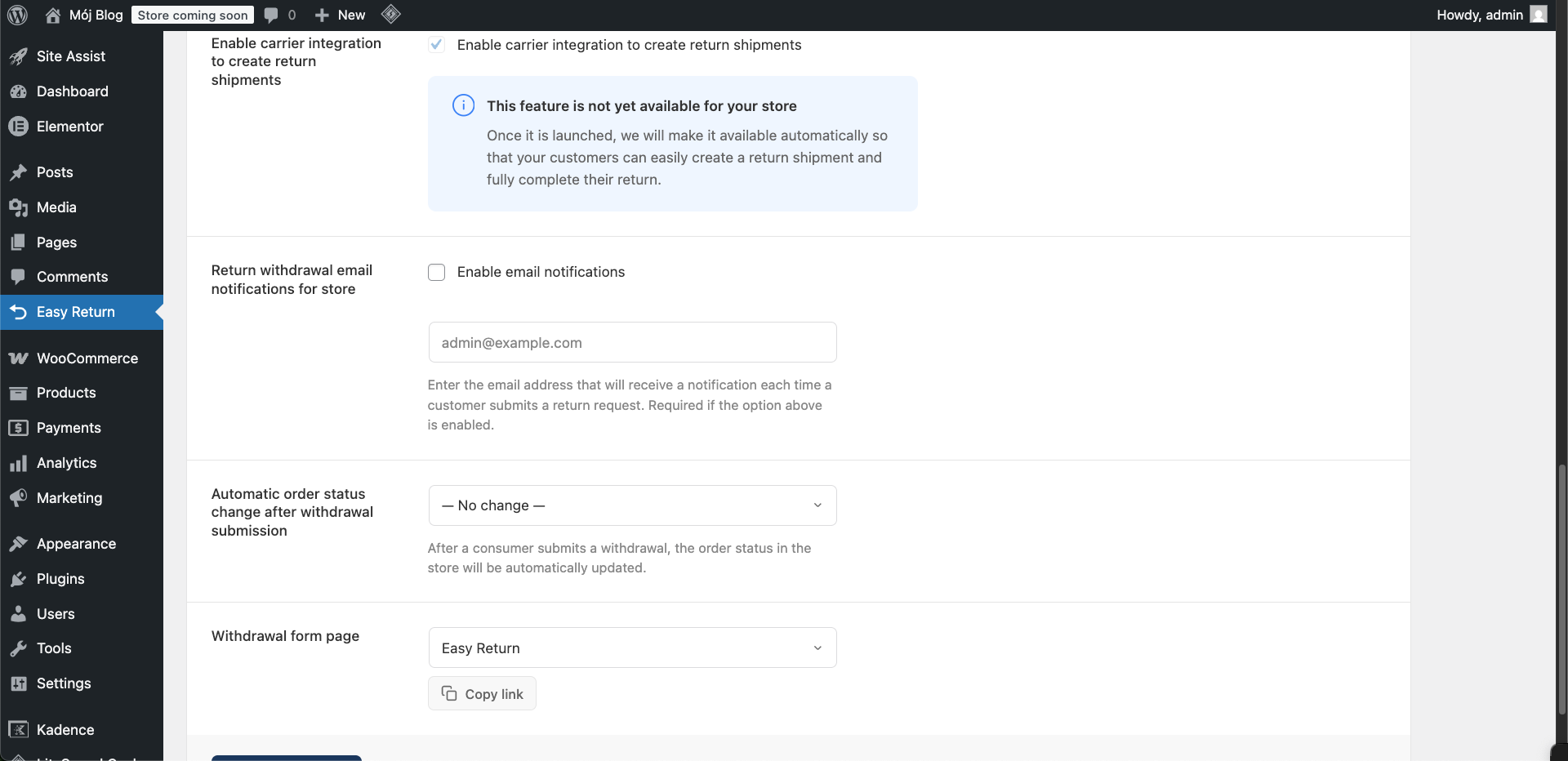 Easy Return Settings - email notification, order status, withdrawal form page