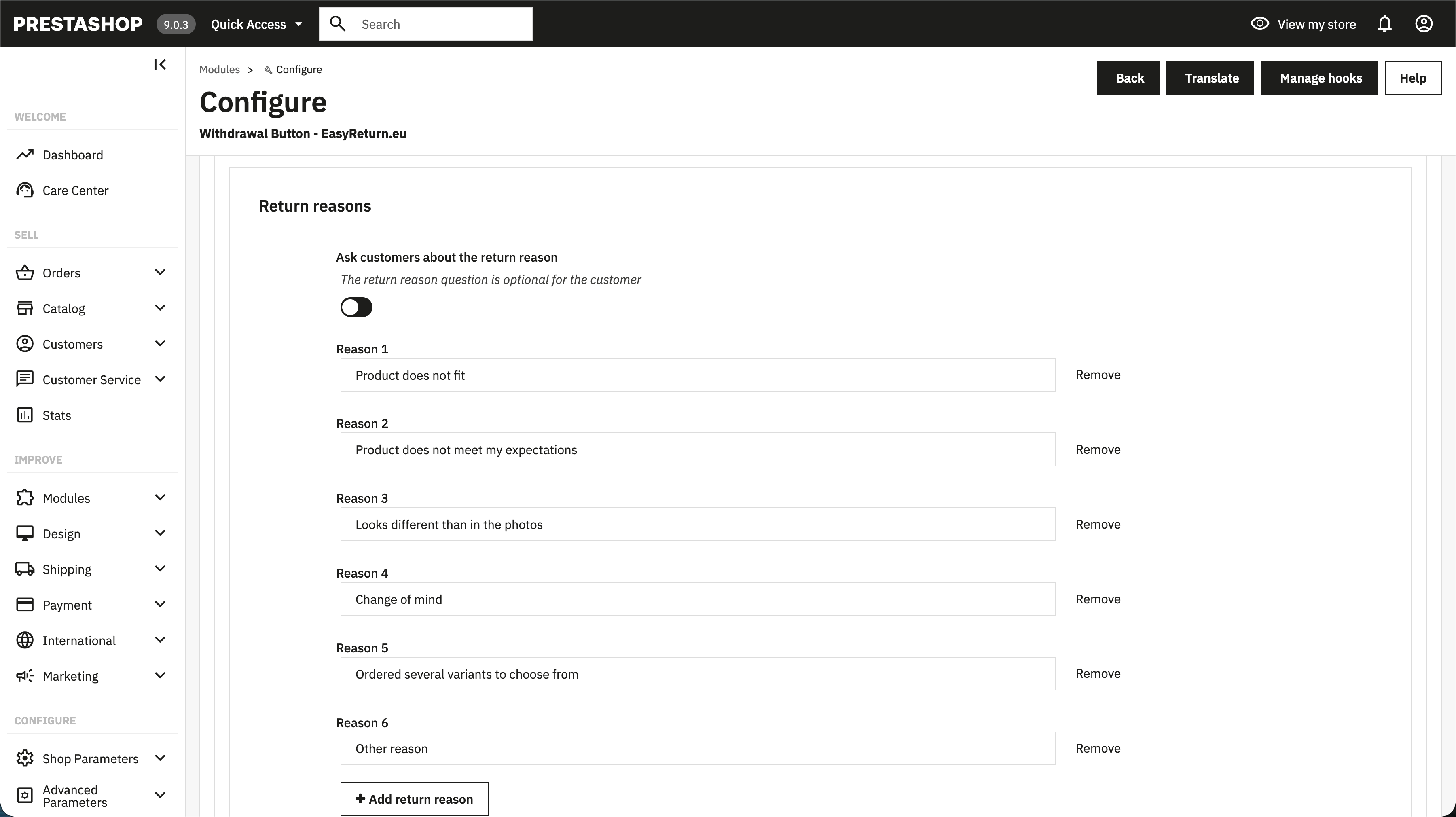 EasyReturn PrestaShop - Return reasons