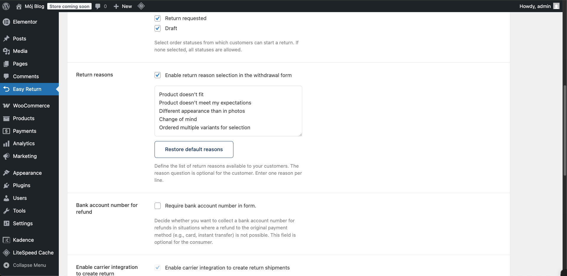 Easy Return Settings - Return reasons and additional options