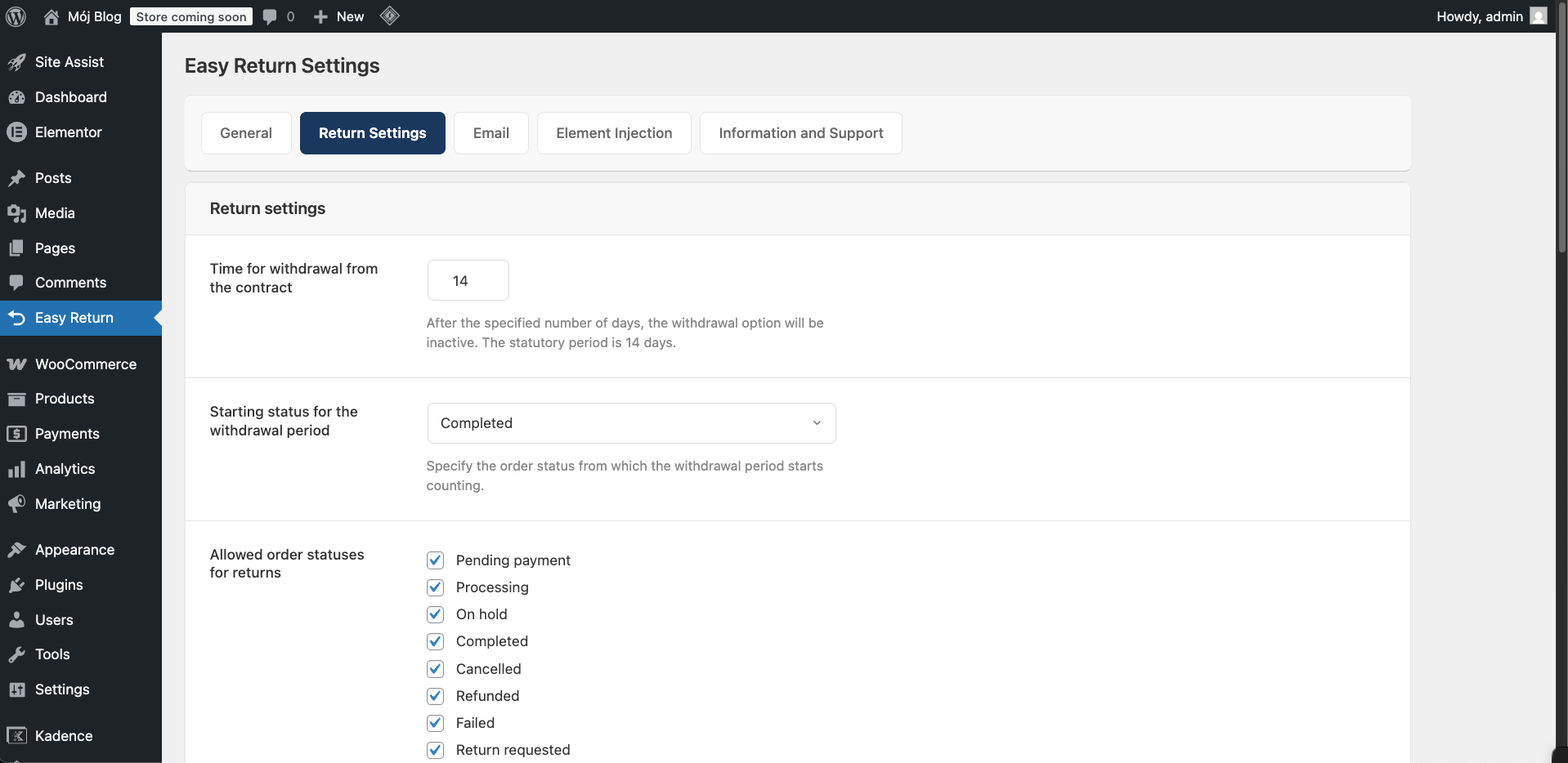 Easy Return Settings - Return Settings tab