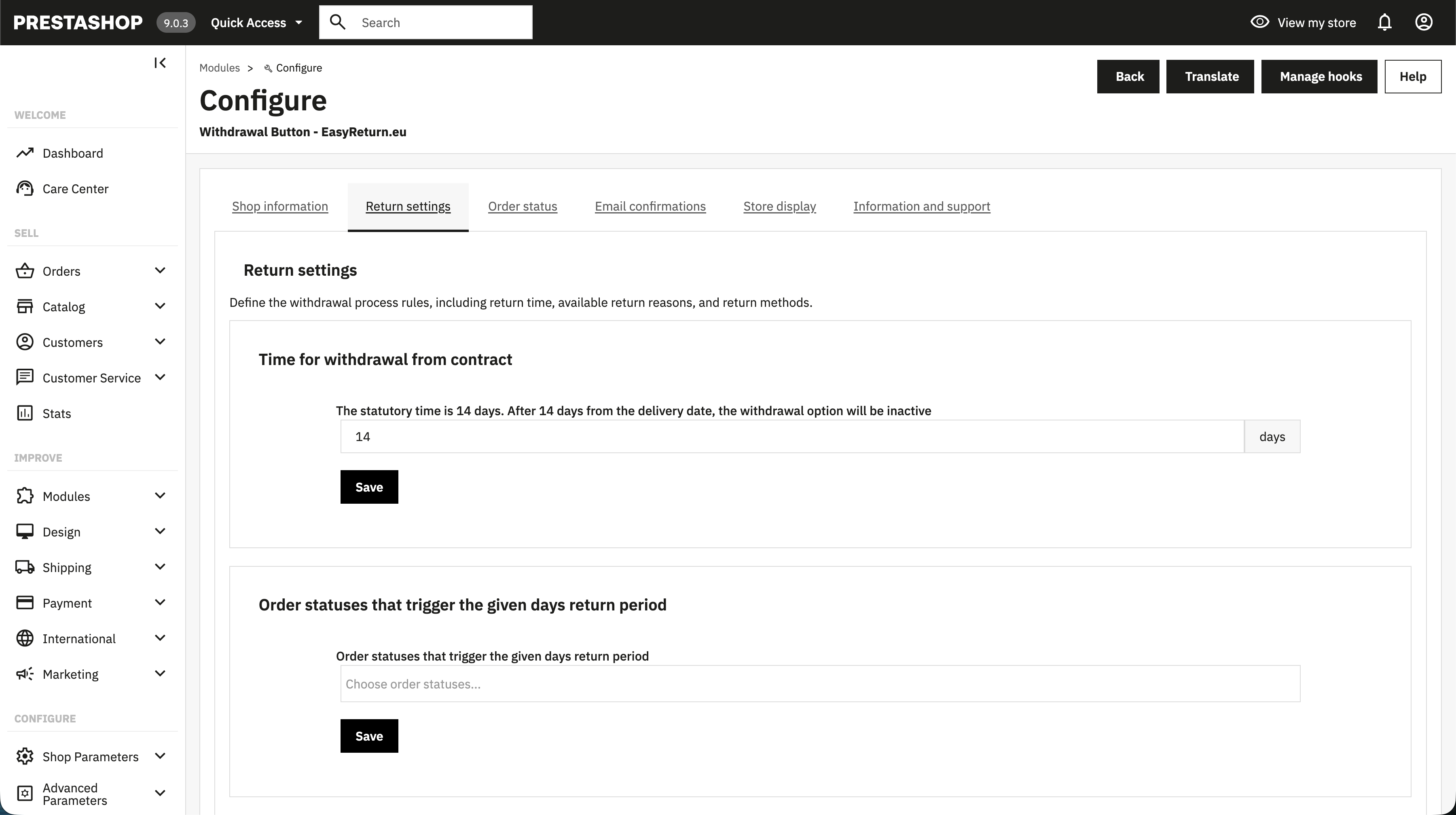 EasyReturn PrestaShop - Return settings tab